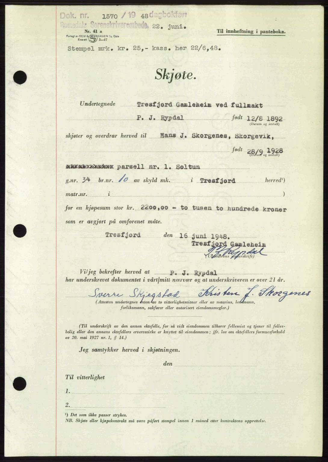 Romsdal sorenskriveri, AV/SAT-A-4149/1/2/2C: Mortgage book no. A26, 1948-1948, Diary no: : 1570/1948