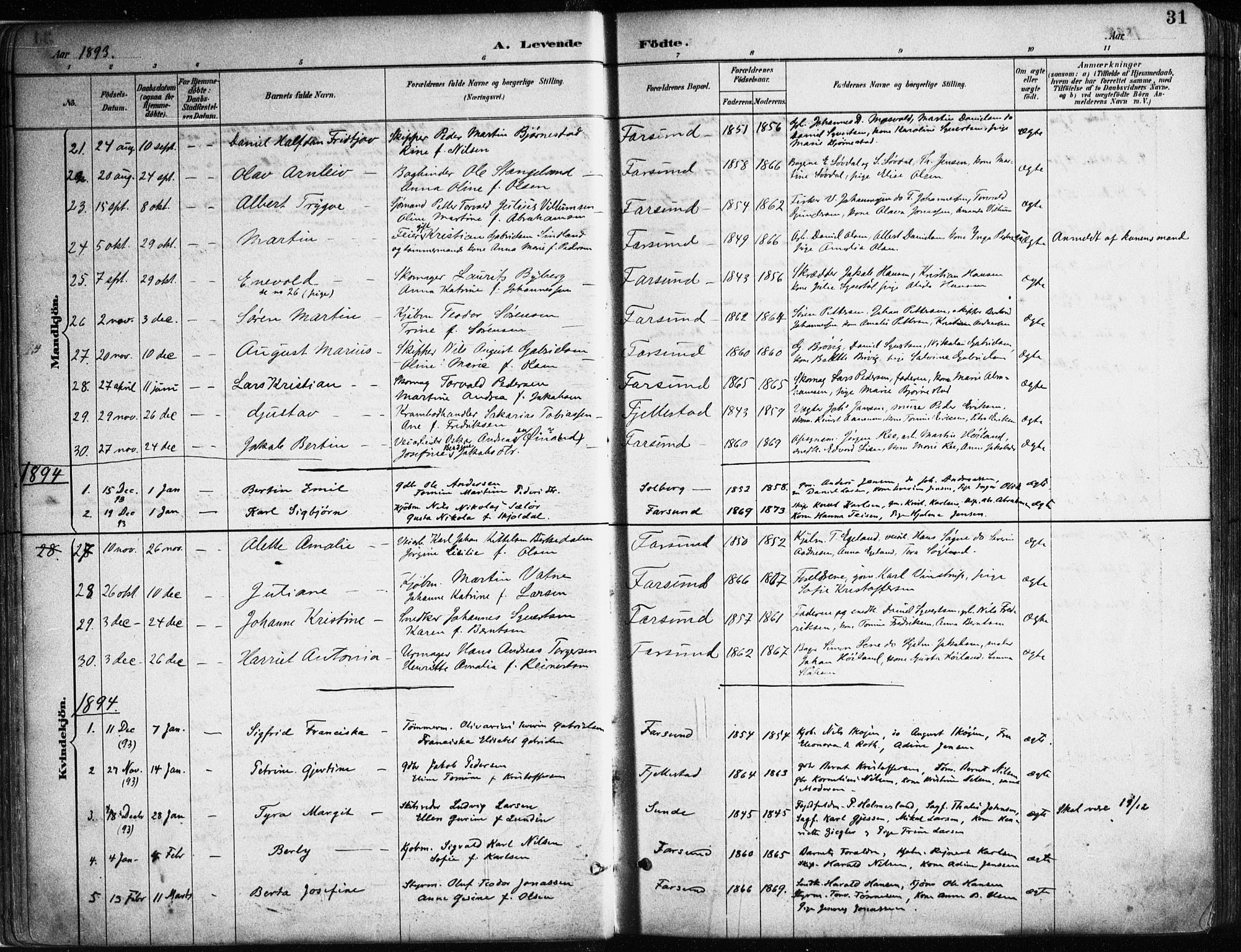 Farsund sokneprestkontor, SAK/1111-0009/F/Fa/L0006: Parish register (official) no. A 6, 1887-1920, p. 31
