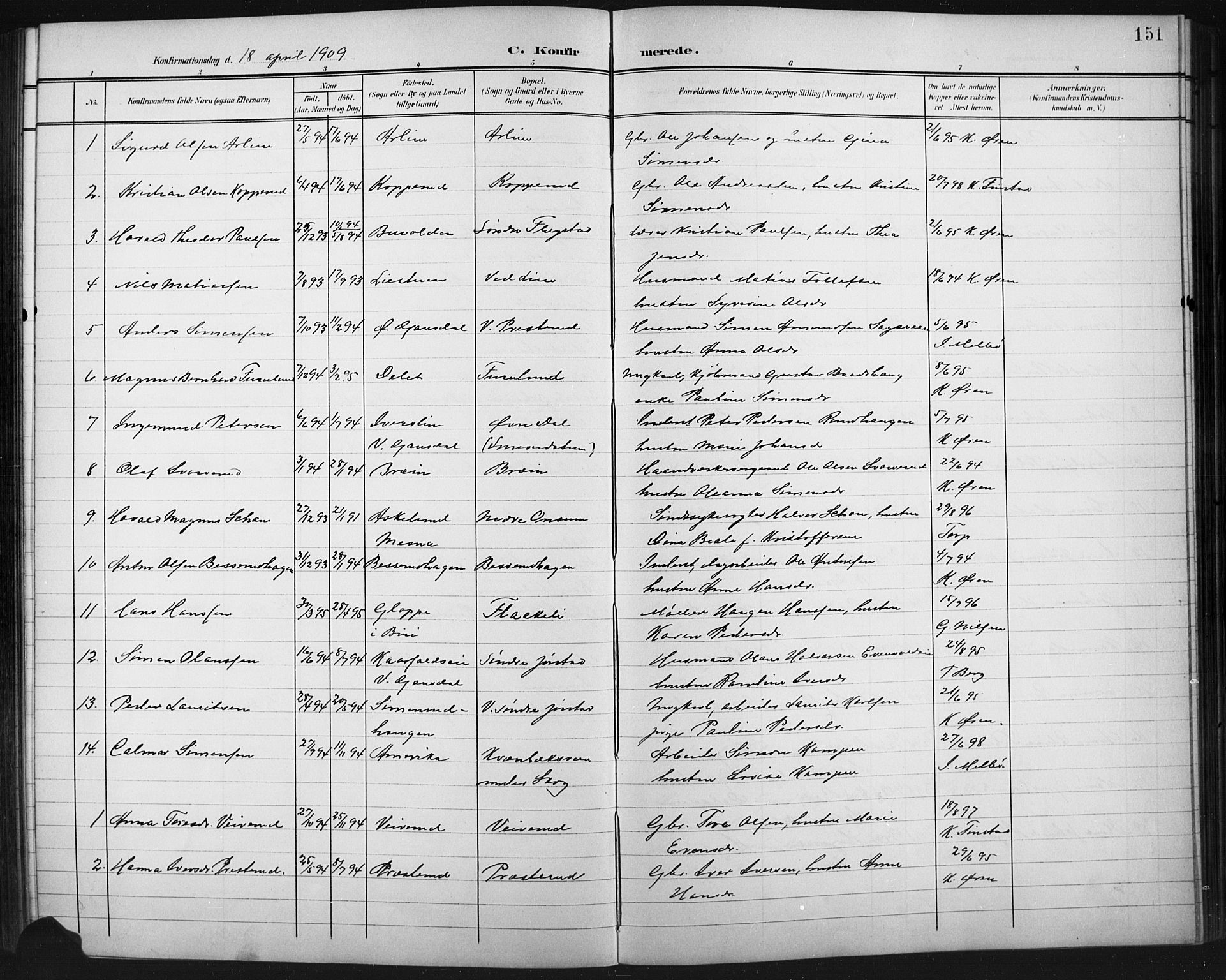 Fåberg prestekontor, AV/SAH-PREST-086/H/Ha/Hab/L0011: Parish register (copy) no. 11, 1901-1921, p. 151