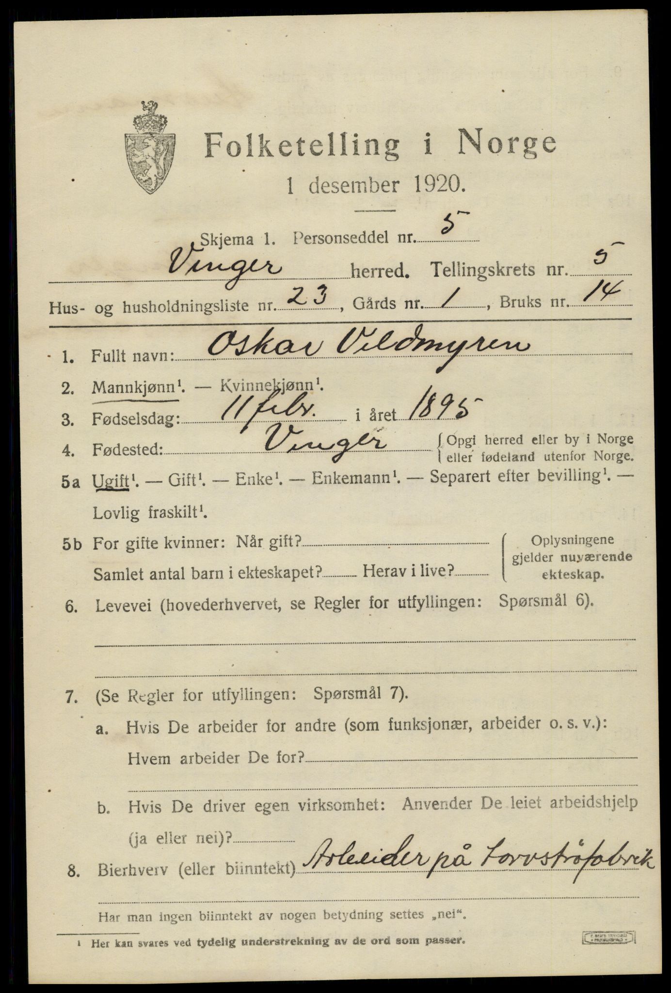 SAH, 1920 census for Vinger, 1920, p. 5966