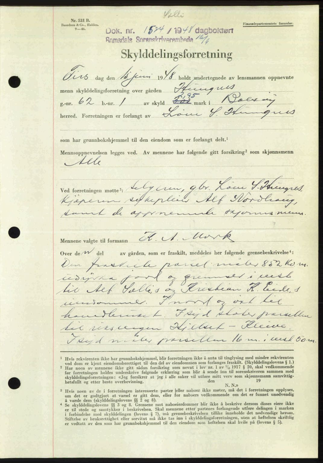 Romsdal sorenskriveri, AV/SAT-A-4149/1/2/2C: Mortgage book no. A26, 1948-1948, Diary no: : 1524/1948