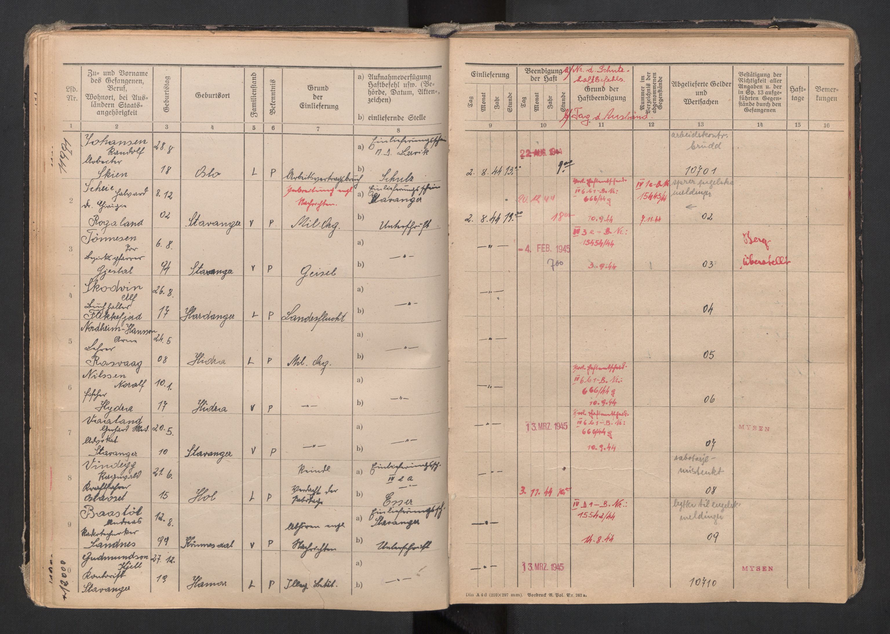 Befehlshaber der Sicherheitspolizei und des SD, AV/RA-RAFA-5969/F/Fa/Faa/L0007: Fangeprotokoll. - Gefangenen-Buch B. Fangenr. 11481-12000 og 13061-13930., 1944