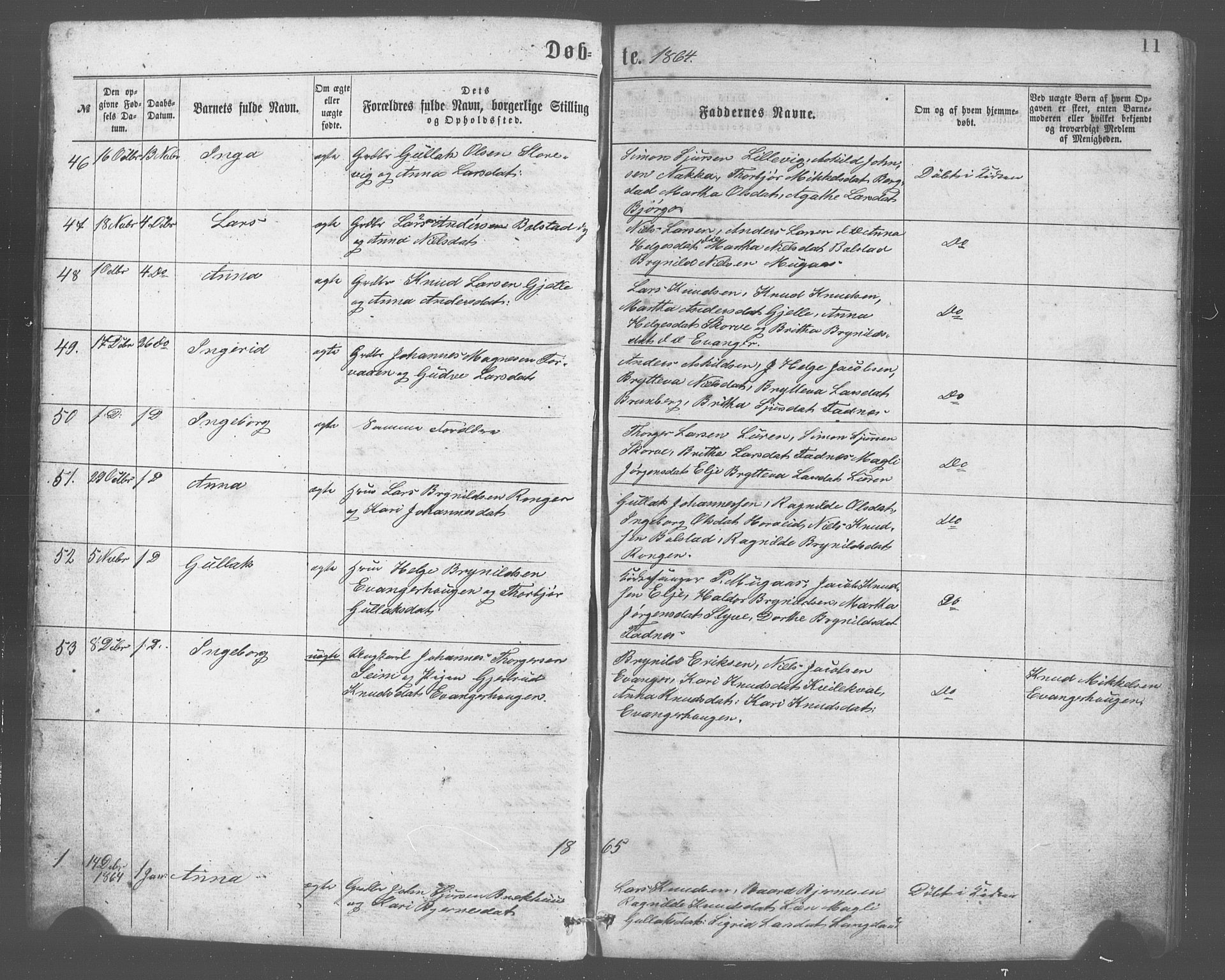 Evanger sokneprestembete, SAB/A-99924: Parish register (copy) no. A 2, 1863-1879, p. 11