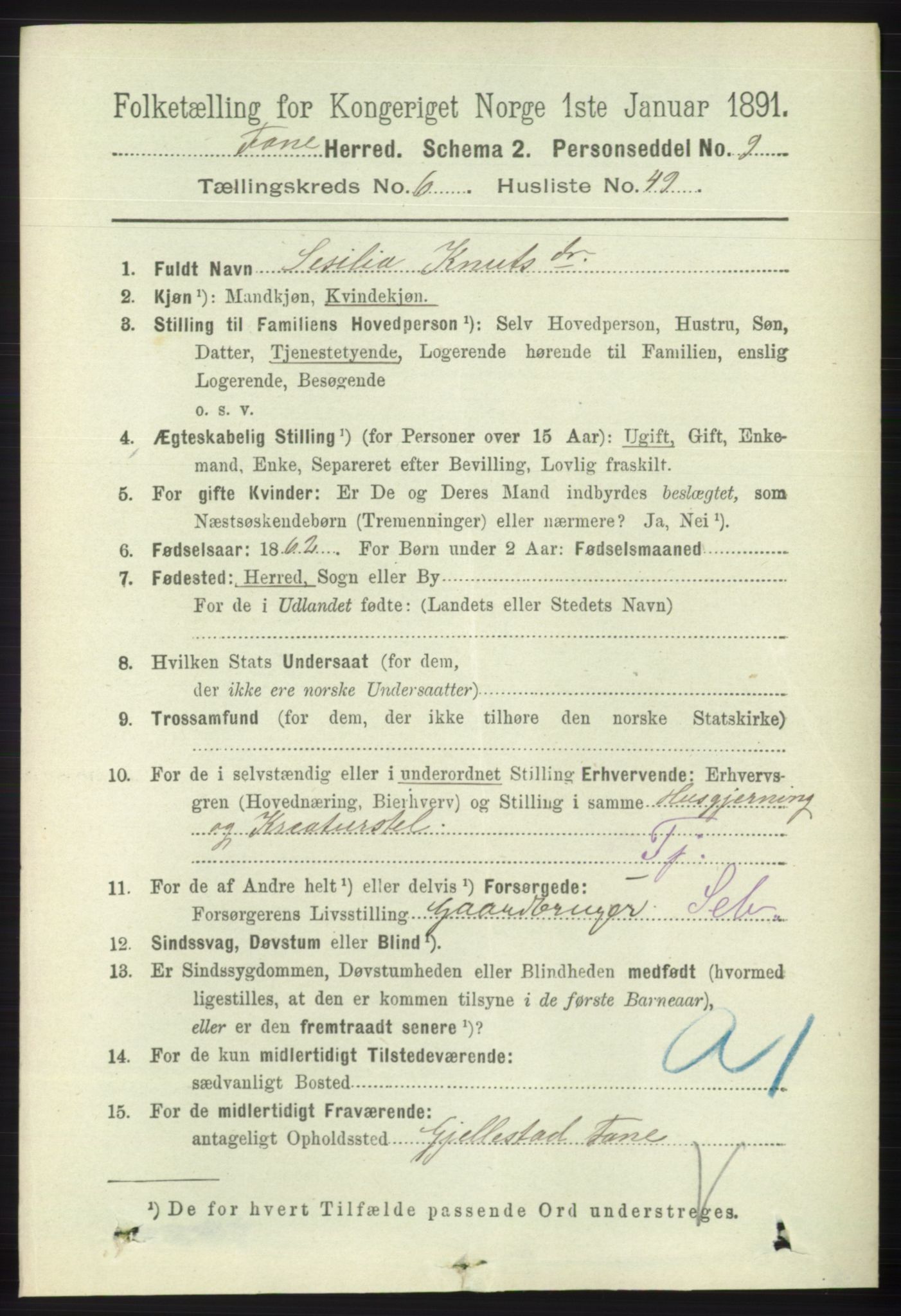 RA, 1891 census for 1249 Fana, 1891, p. 2912