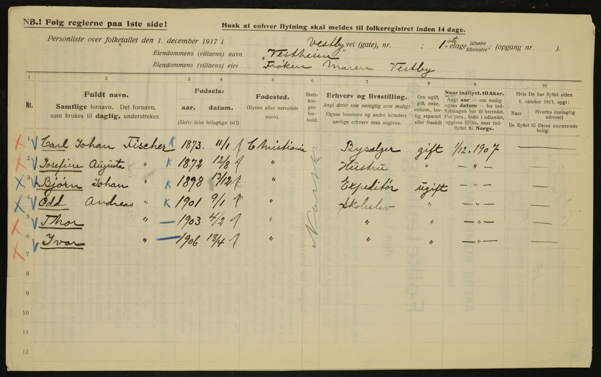 OBA, Municipal Census 1917 for Aker, 1917, p. 31489