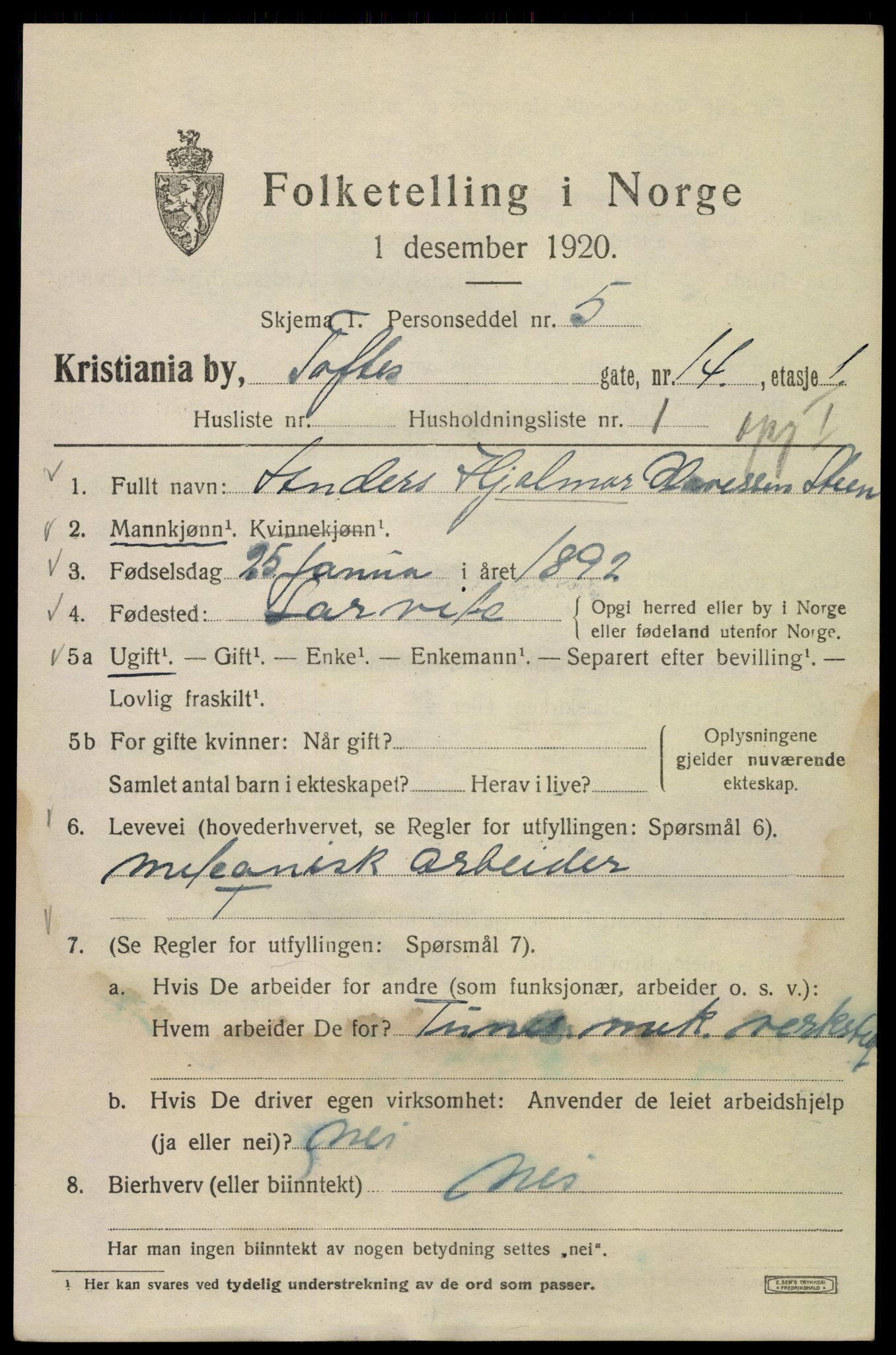 SAO, 1920 census for Kristiania, 1920, p. 582083