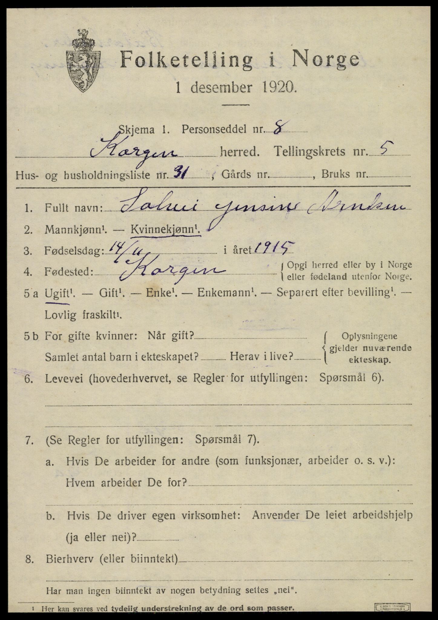 SAT, 1920 census for Korgen, 1920, p. 2402