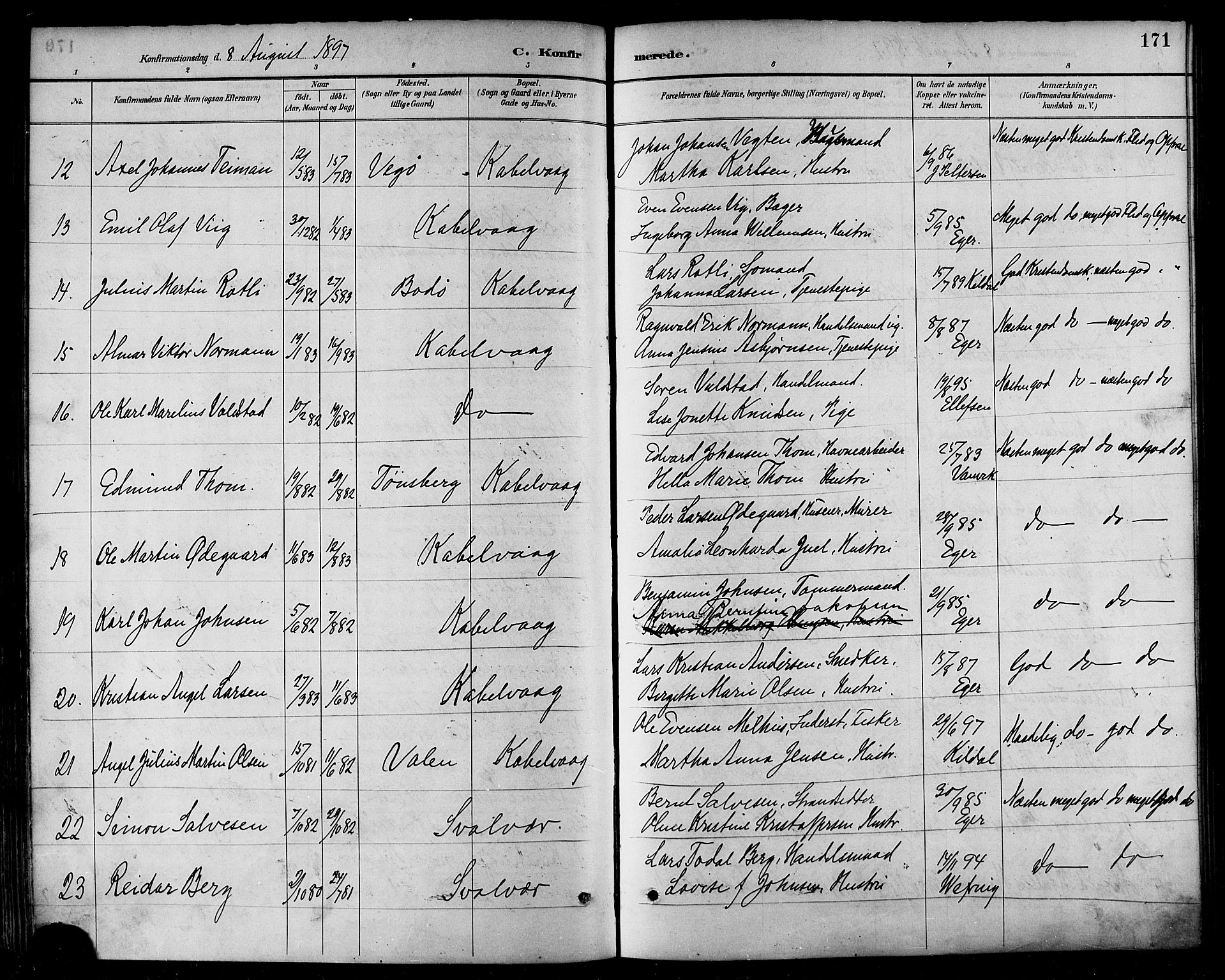 Ministerialprotokoller, klokkerbøker og fødselsregistre - Nordland, AV/SAT-A-1459/874/L1060: Parish register (official) no. 874A04, 1890-1899, p. 171