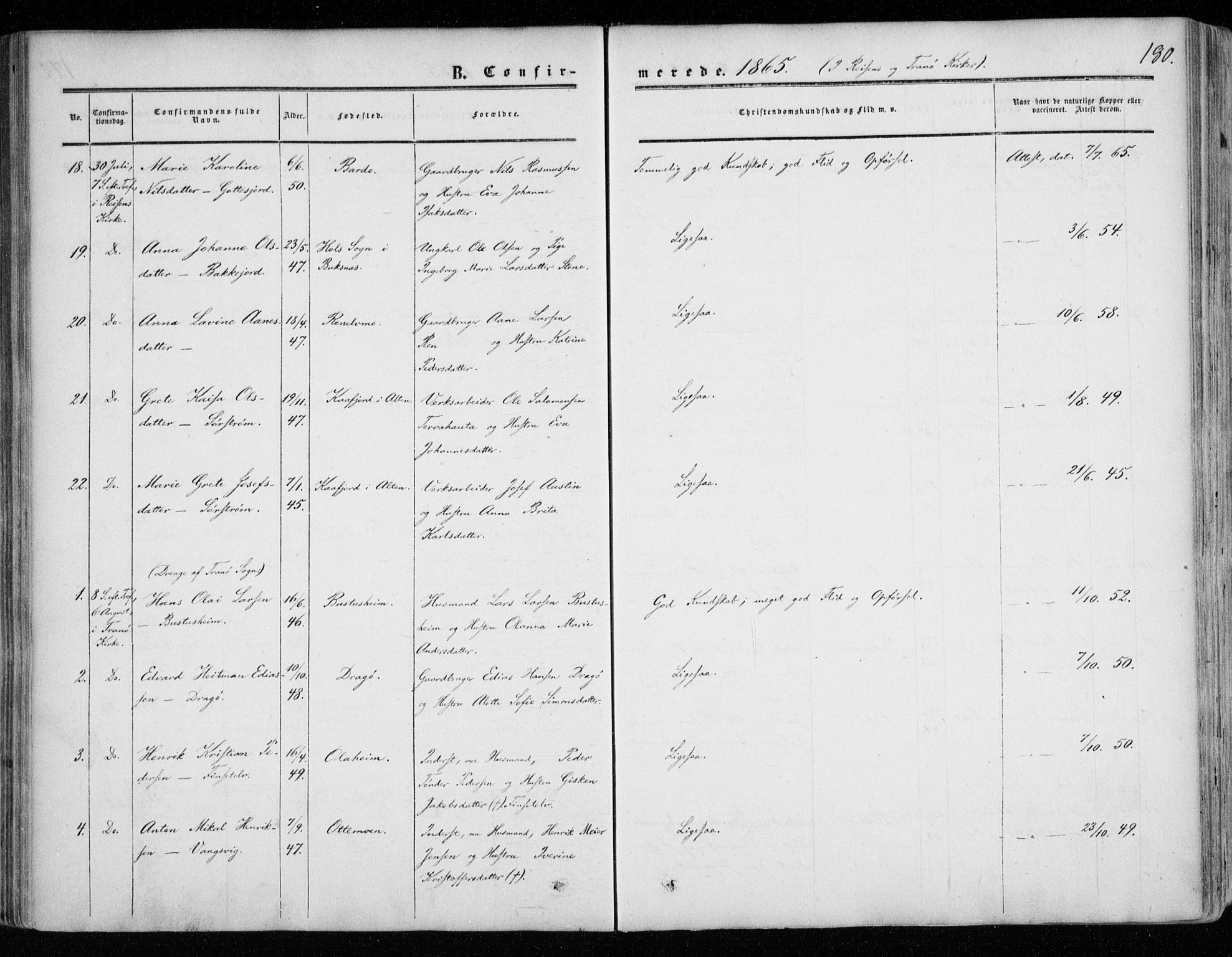 Tranøy sokneprestkontor, SATØ/S-1313/I/Ia/Iaa/L0007kirke: Parish register (official) no. 7, 1856-1866, p. 180