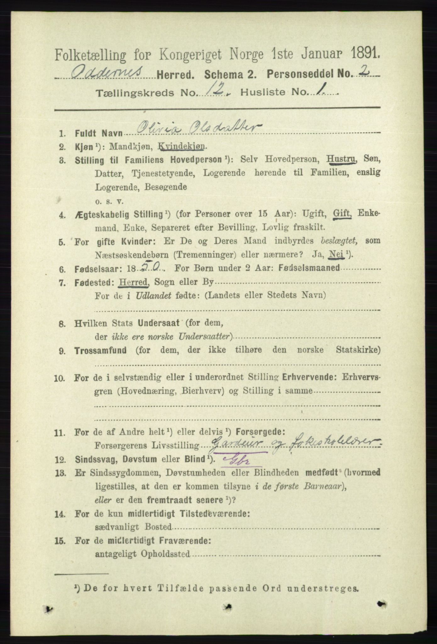 RA, 1891 census for 1012 Oddernes, 1891, p. 4357