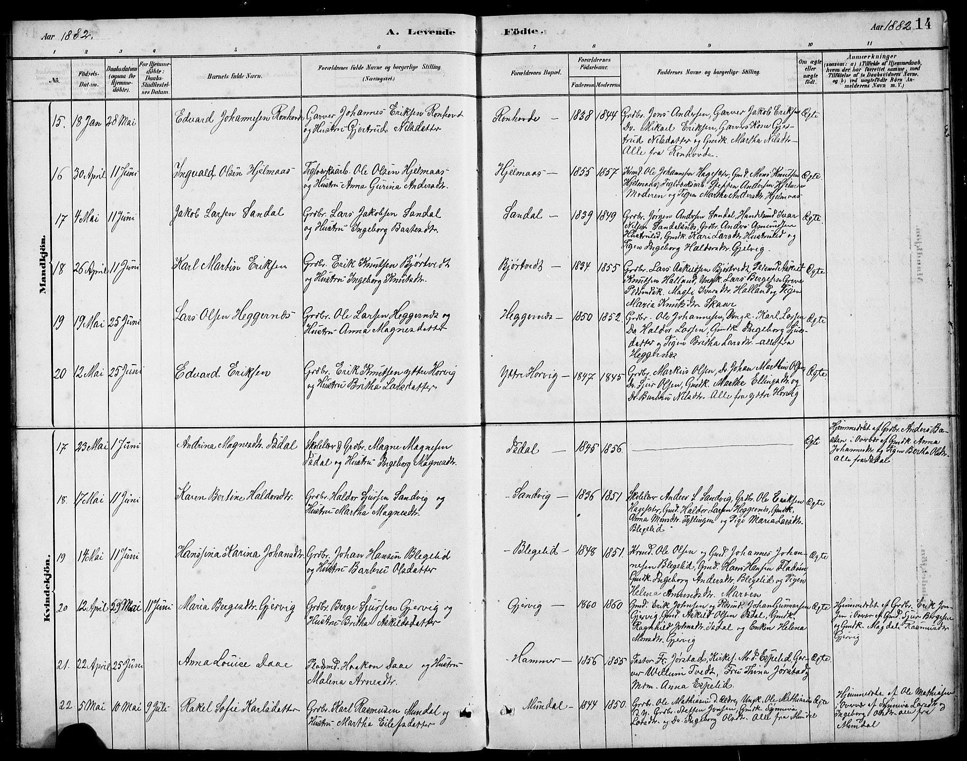 Hamre sokneprestembete, AV/SAB-A-75501/H/Ha/Hab: Parish register (copy) no. B 3, 1881-1898, p. 14