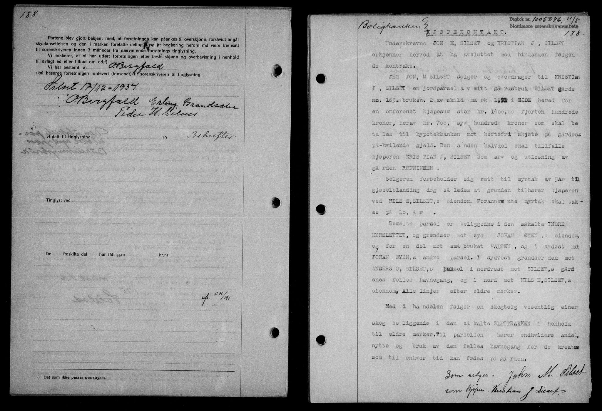 Nordmøre sorenskriveri, AV/SAT-A-4132/1/2/2Ca/L0088: Mortgage book no. 78, 1936-1936, Diary no: : 1005/1936