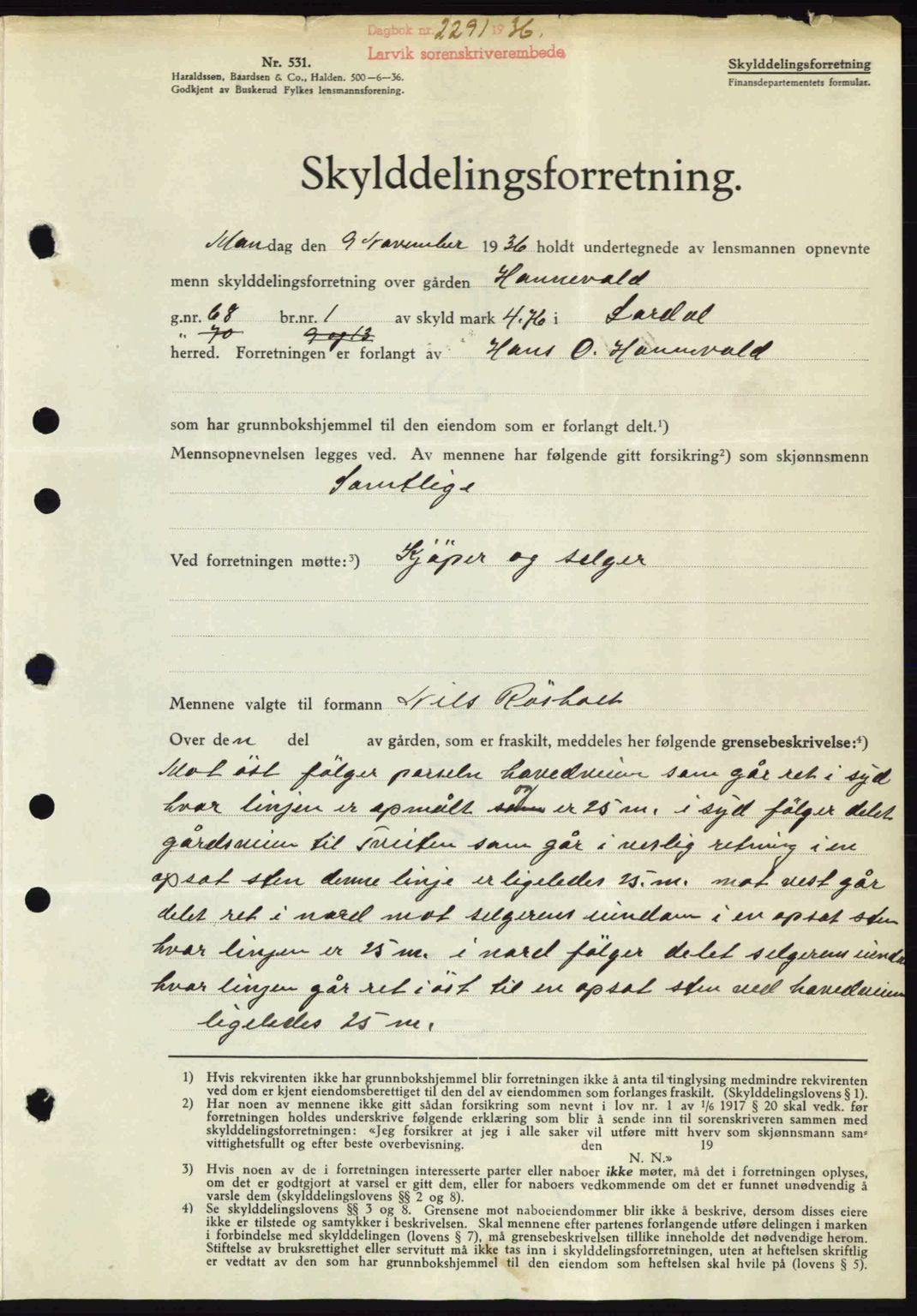 Larvik sorenskriveri, SAKO/A-83/G/Ga/Gab/L0067: Mortgage book no. A-1, 1936-1937, Diary no: : 2291/1936