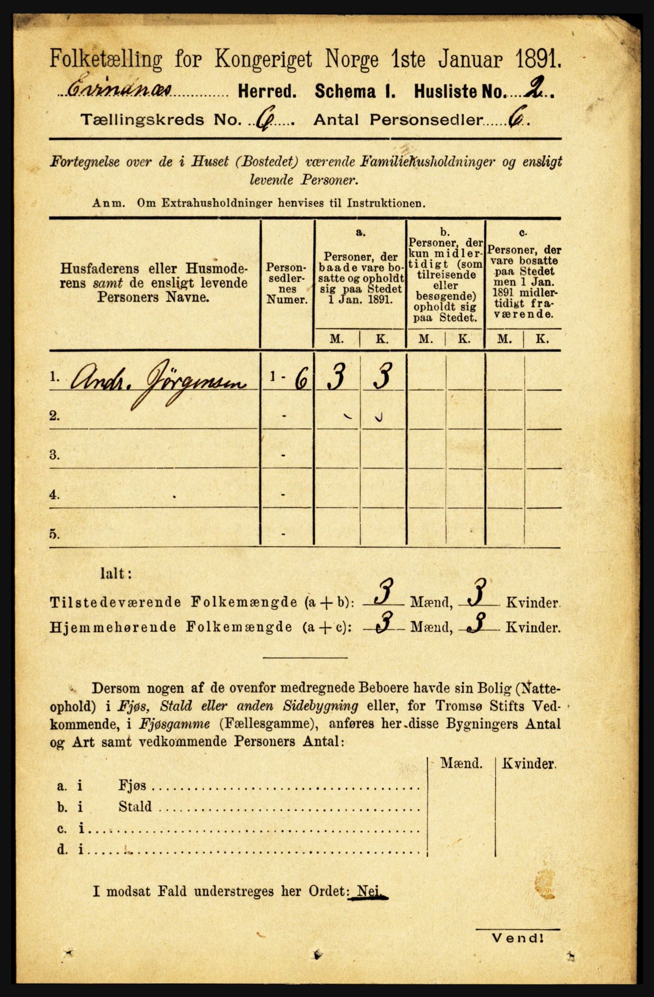 RA, 1891 census for 1853 Evenes, 1891, p. 1886