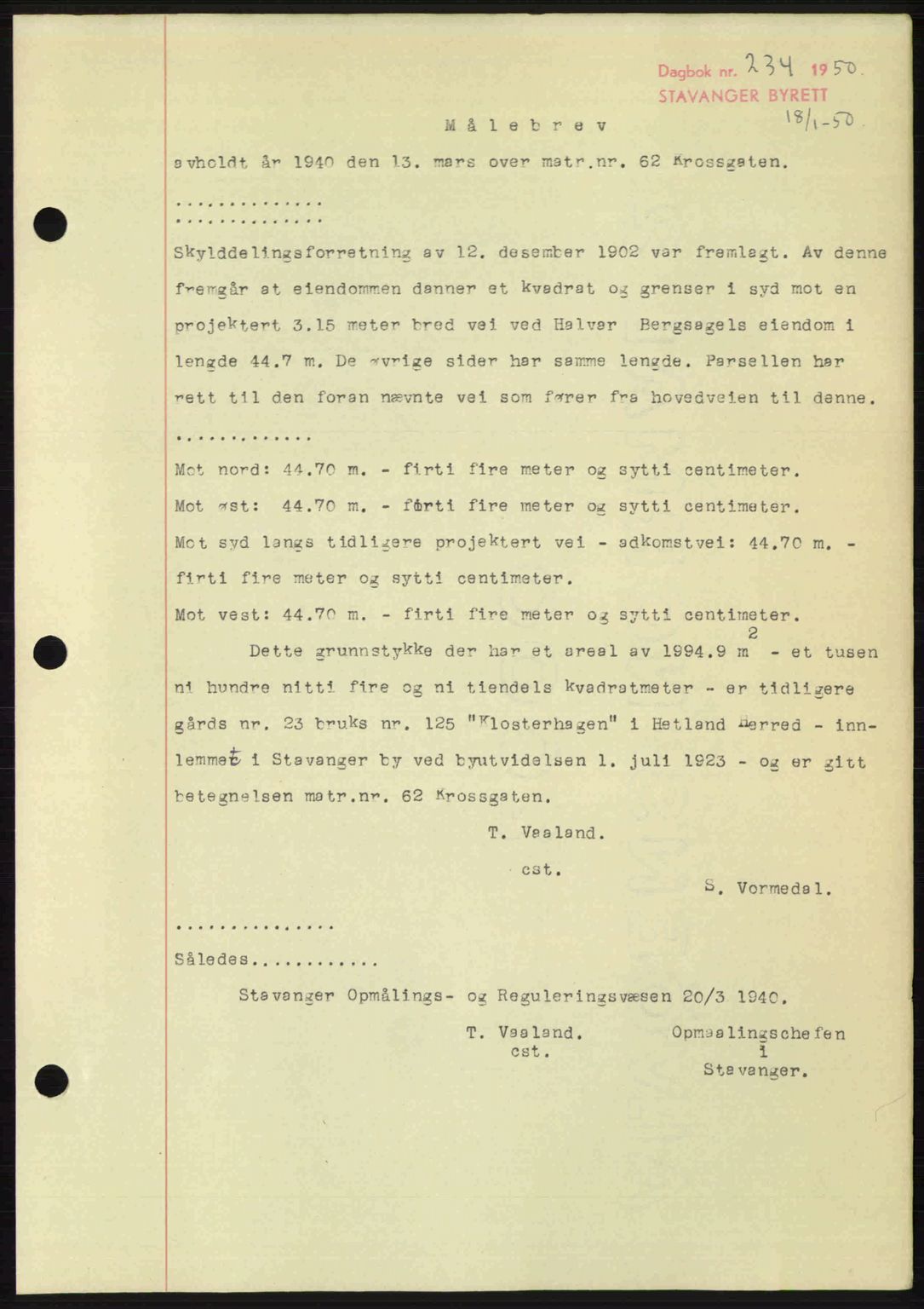 Stavanger byrett, SAST/A-100455/002/G/Gb/L0024: Mortgage book no. A13, 1949-1950, Diary no: : 234/1950