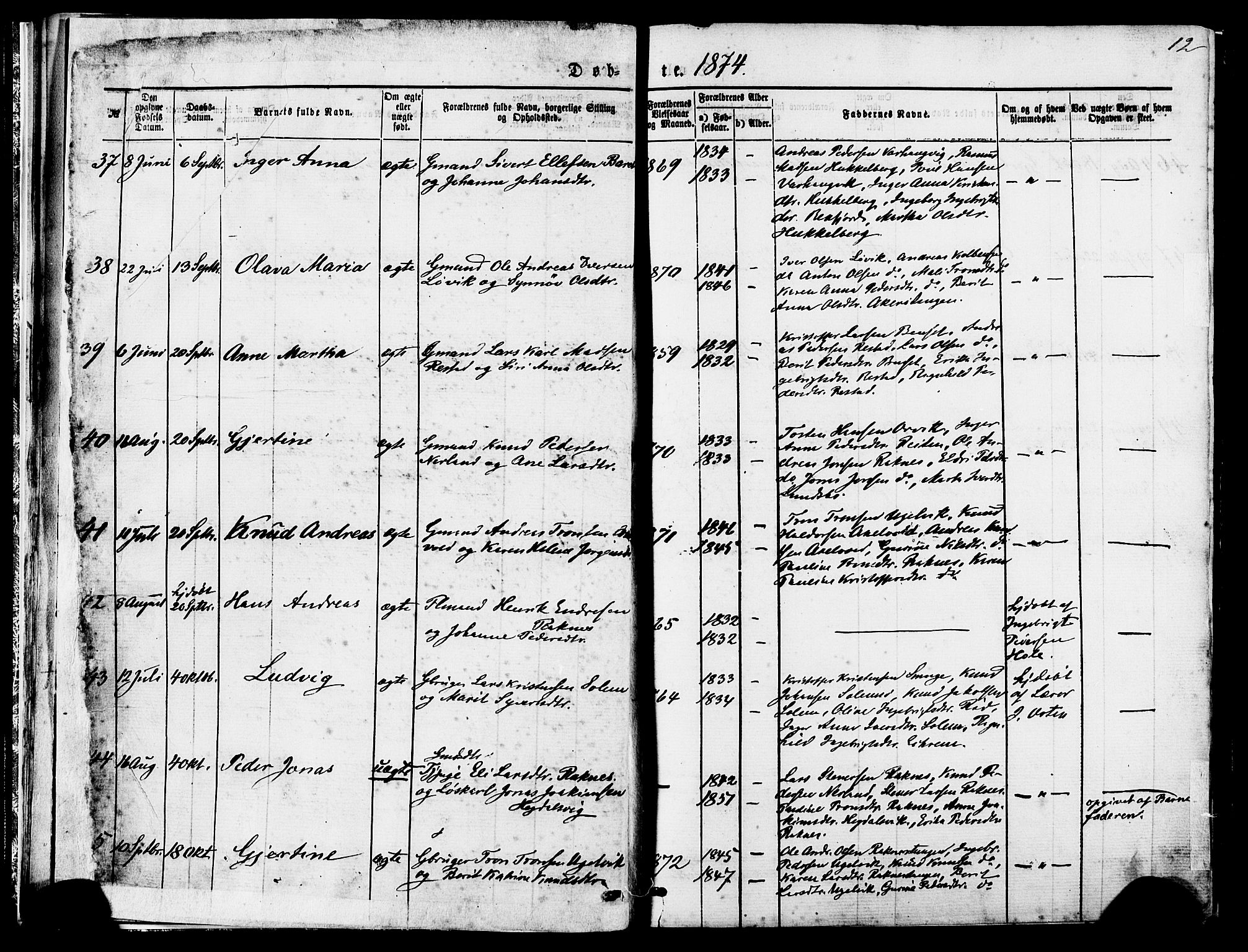 Ministerialprotokoller, klokkerbøker og fødselsregistre - Møre og Romsdal, AV/SAT-A-1454/560/L0720: Parish register (official) no. 560A04, 1873-1878, p. 12