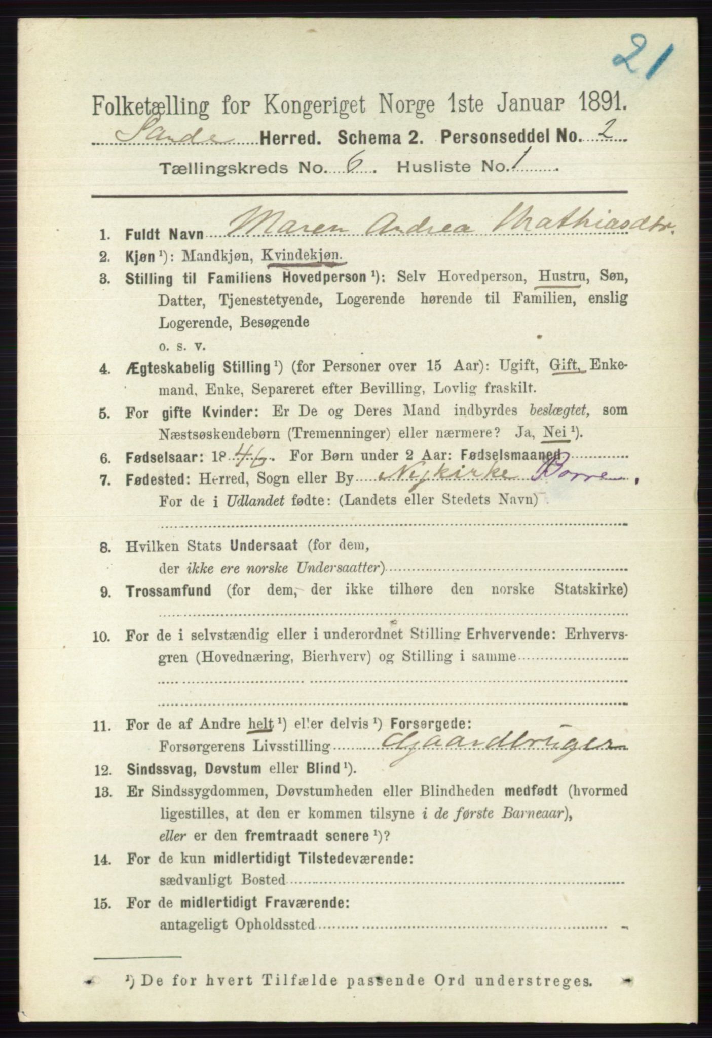 RA, 1891 census for 0713 Sande, 1891, p. 2687