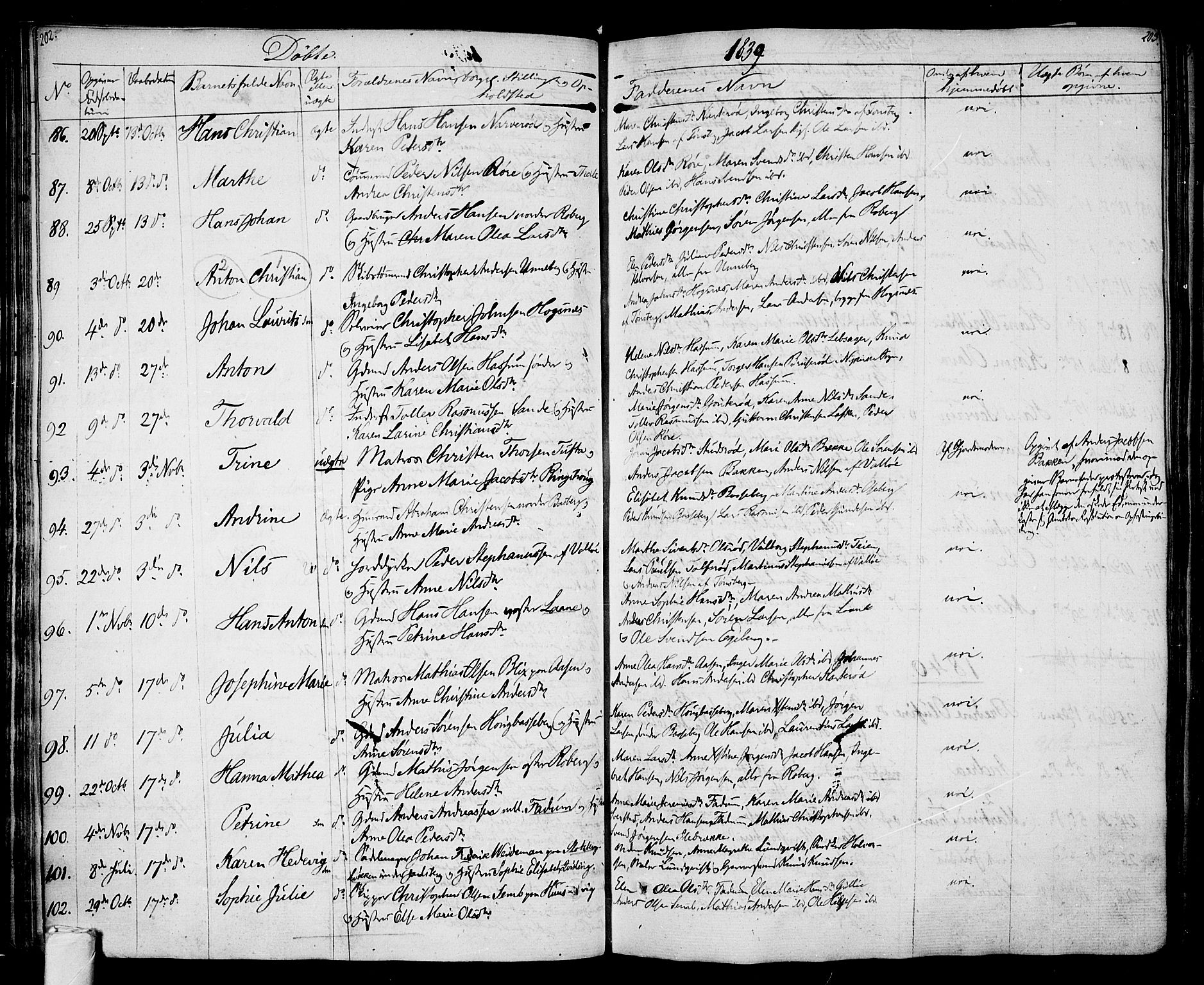 Sem kirkebøker, SAKO/A-5/F/Fa/L0005: Parish register (official) no. I 5, 1825-1842, p. 202-203