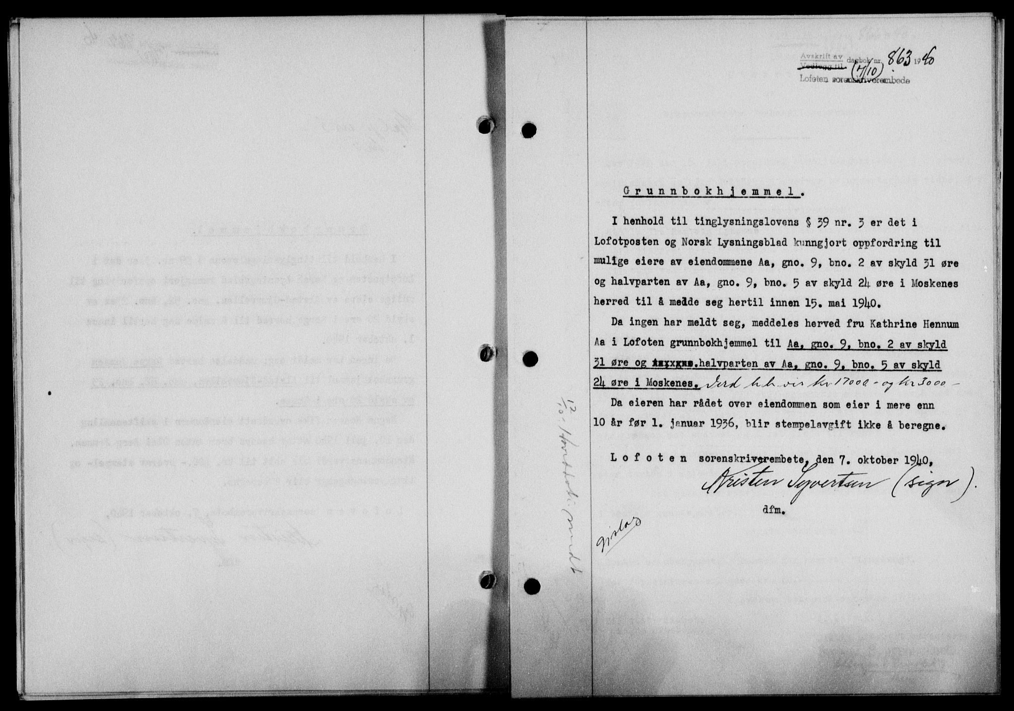 Lofoten sorenskriveri, SAT/A-0017/1/2/2C/L0007a: Mortgage book no. 7a, 1939-1940, Diary no: : 863/1940