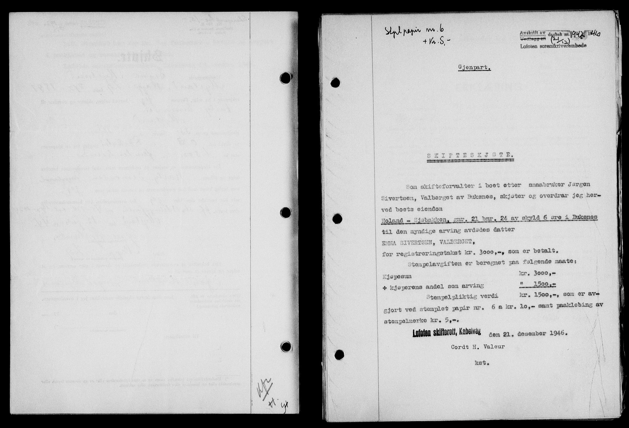 Lofoten sorenskriveri, SAT/A-0017/1/2/2C/L0015a: Mortgage book no. 15a, 1946-1947, Diary no: : 1942/1946