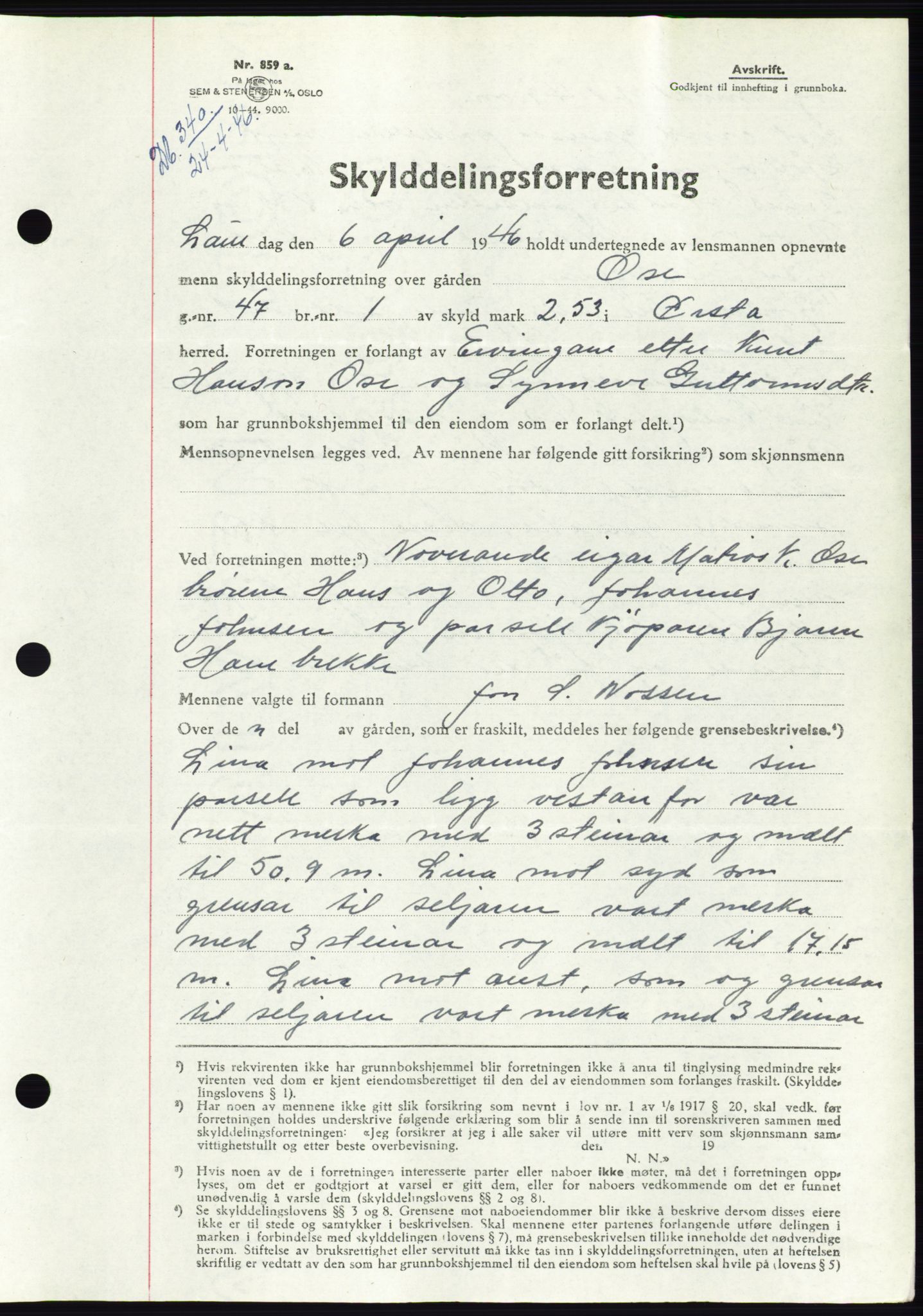 Søre Sunnmøre sorenskriveri, AV/SAT-A-4122/1/2/2C/L0078: Mortgage book no. 4A, 1946-1946, Diary no: : 340/1946