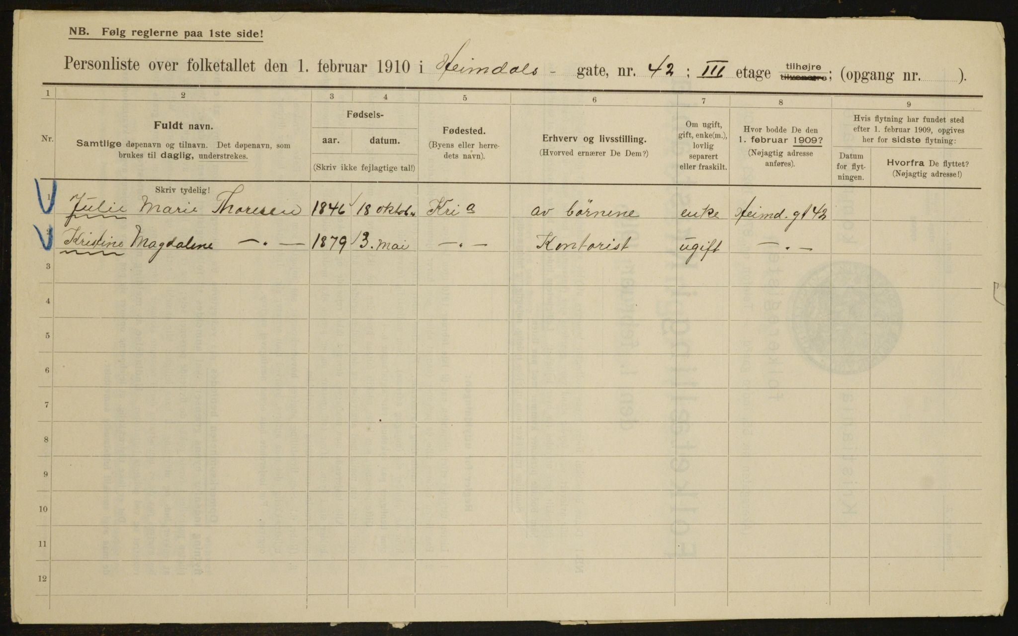 OBA, Municipal Census 1910 for Kristiania, 1910, p. 36265