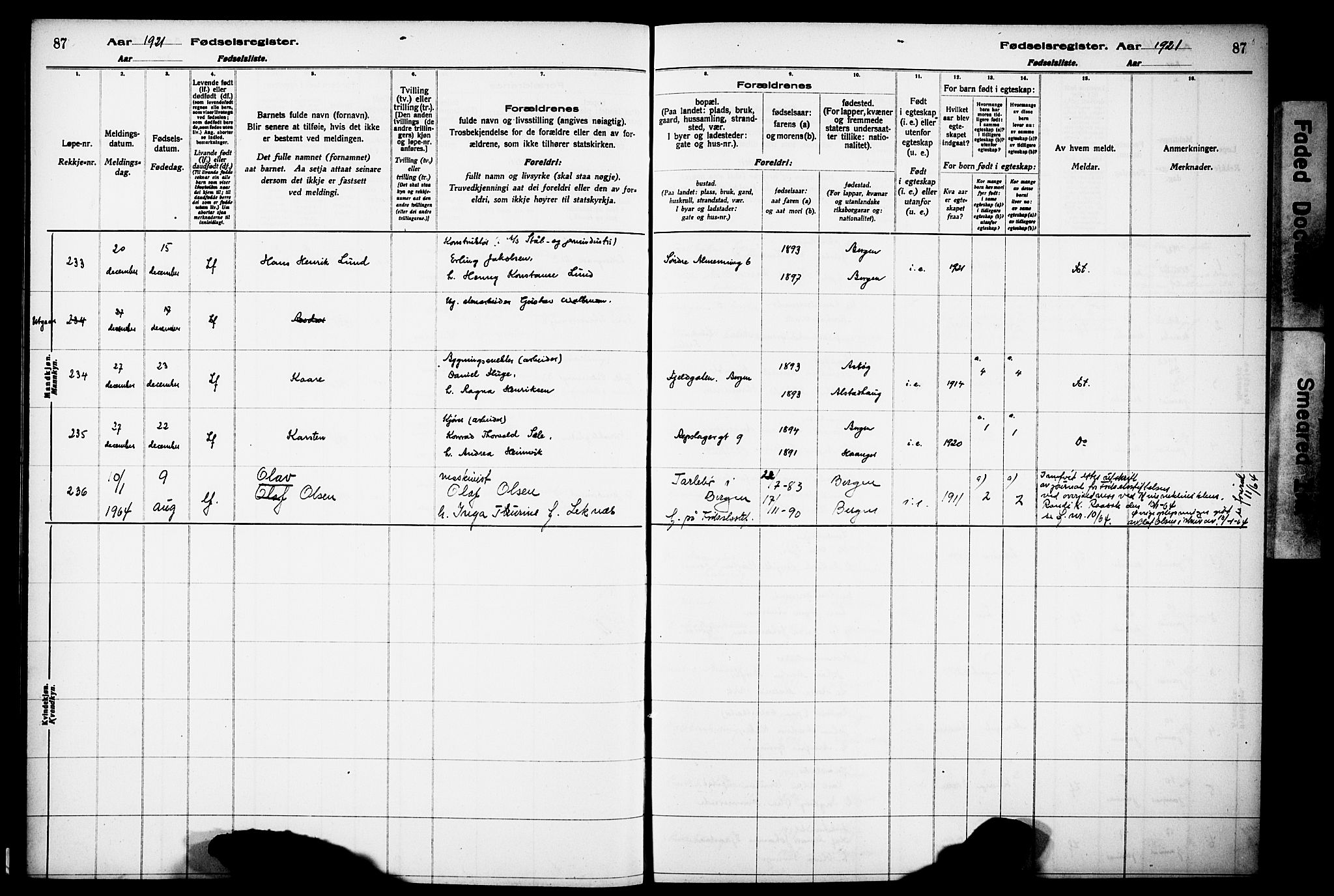 Kvinneklinikken, AV/SAB-A-76301/F/L0A02: Birth register no. A 2, 1920-1924, p. 87