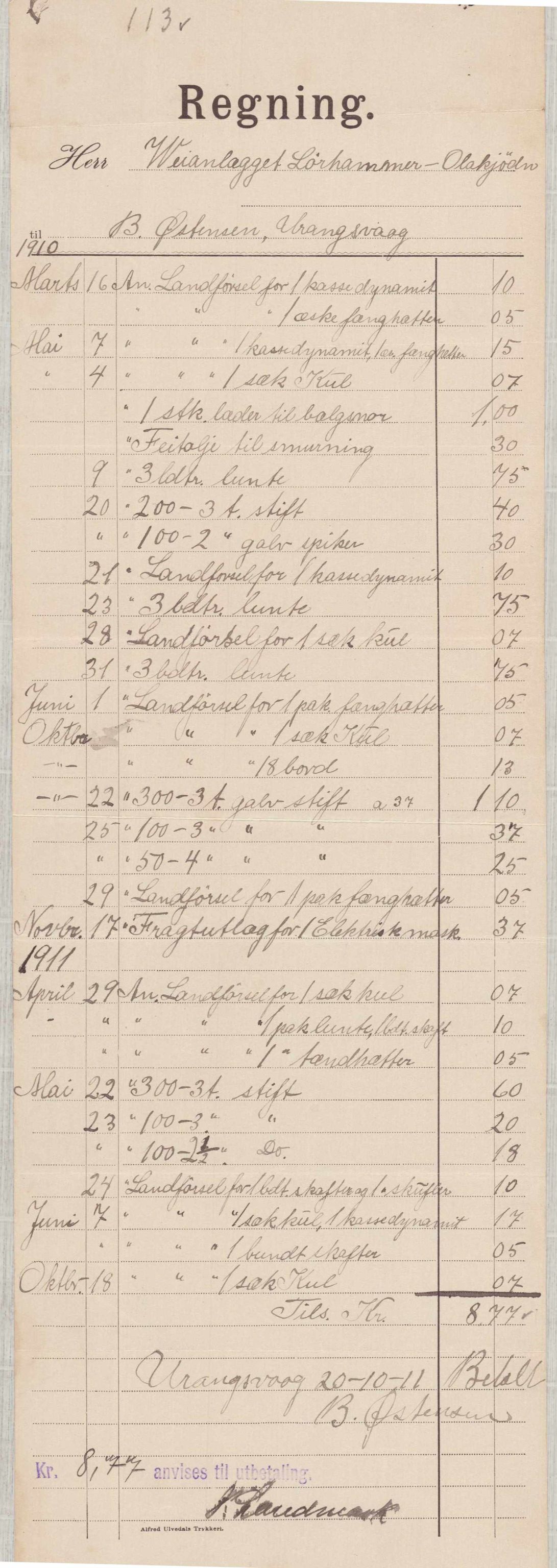 Finnaas kommune. Formannskapet, IKAH/1218a-021/E/Ea/L0001/0003: Rekneskap for veganlegg / Rekneskap for veganlegget Laurhammer - Olakjødn, 1909-1911, p. 82