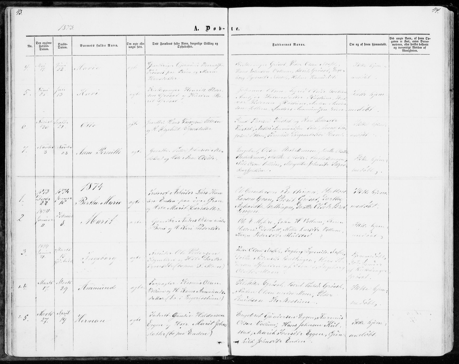 Sollia prestekontor, SAH/PREST-050/H/Ha/Haa/L0001: Parish register (official) no. 1, 1856-1885, p. 43-44