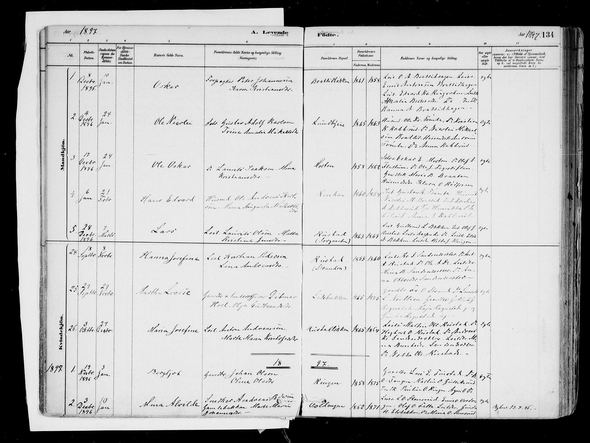 Hurdal prestekontor Kirkebøker, SAO/A-10889/F/Fa/L0007: Parish register (official) no. I 7, 1878-1906, p. 134