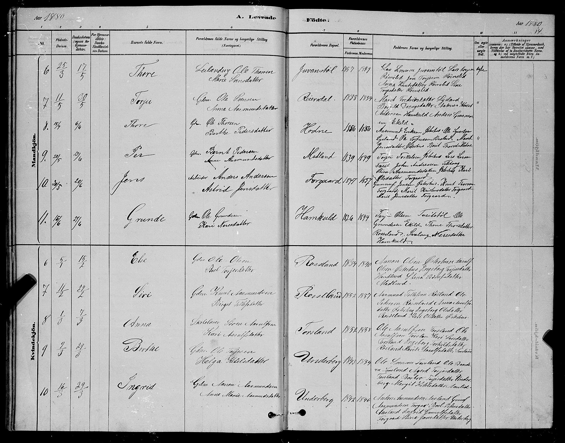 Åseral sokneprestkontor, AV/SAK-1111-0051/F/Fb/L0002: Parish register (copy) no. B 2, 1878-1899, p. 14