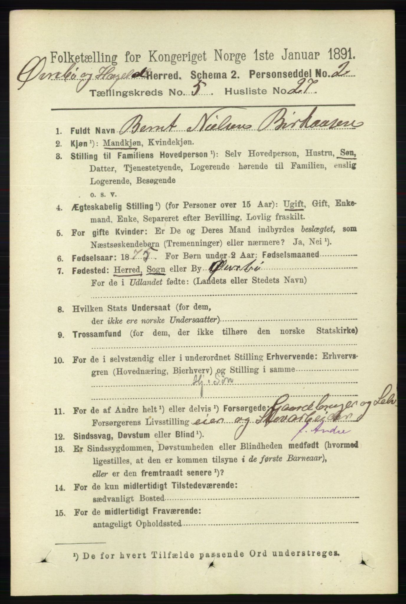 RA, 1891 census for 1016 Øvrebø og Hægeland, 1891, p. 1084