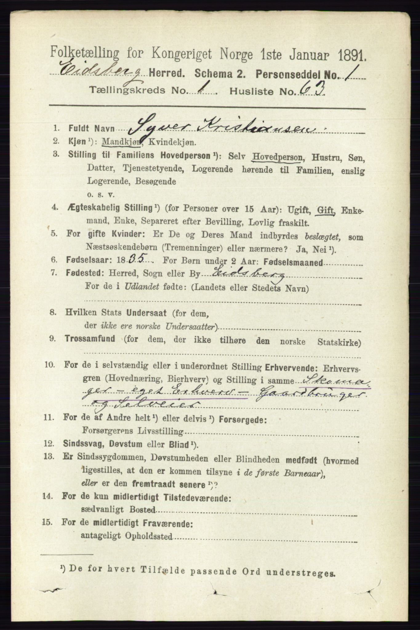 RA, 1891 census for 0125 Eidsberg, 1891, p. 531