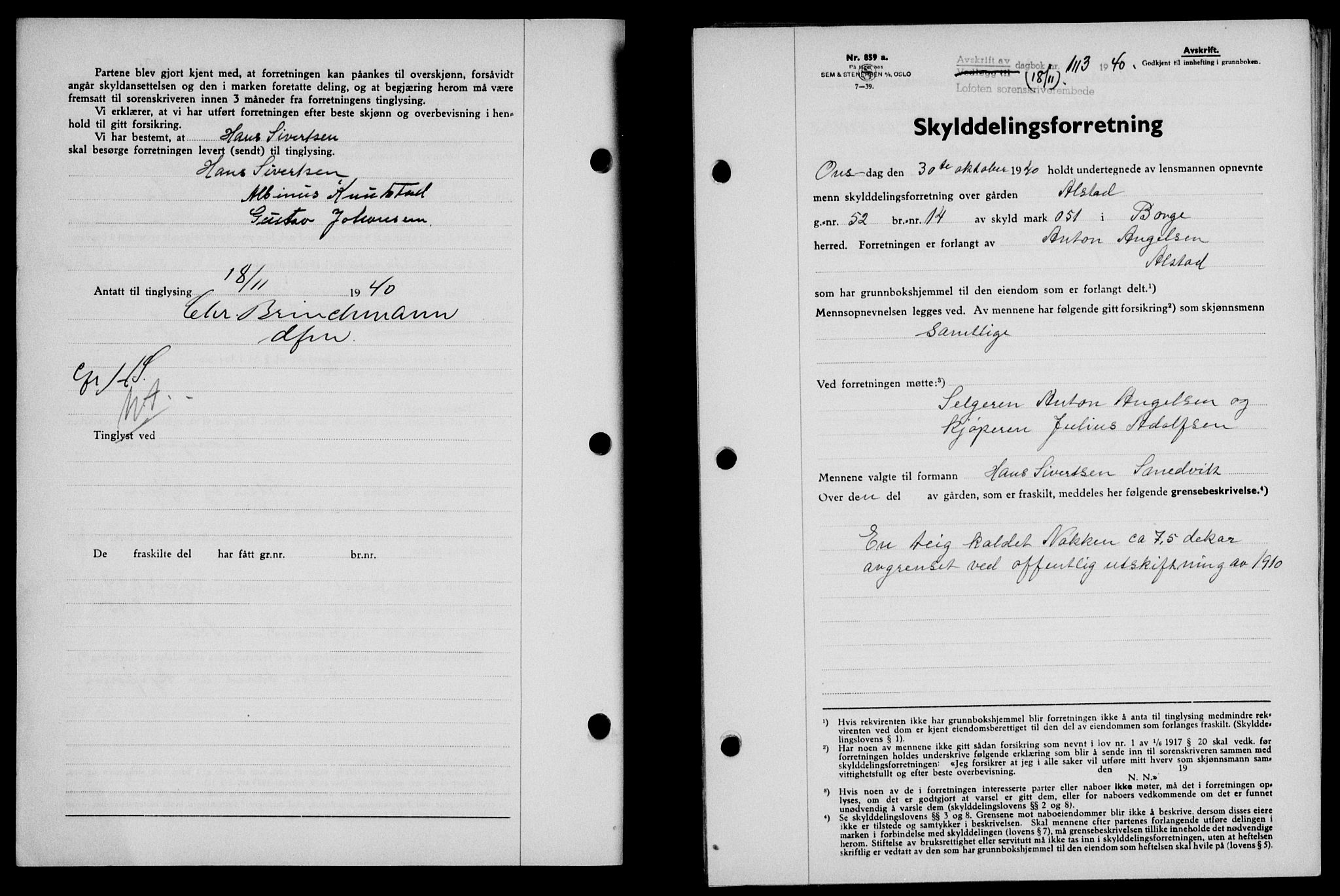 Lofoten sorenskriveri, SAT/A-0017/1/2/2C/L0008a: Mortgage book no. 8a, 1940-1941, Diary no: : 1113/1940