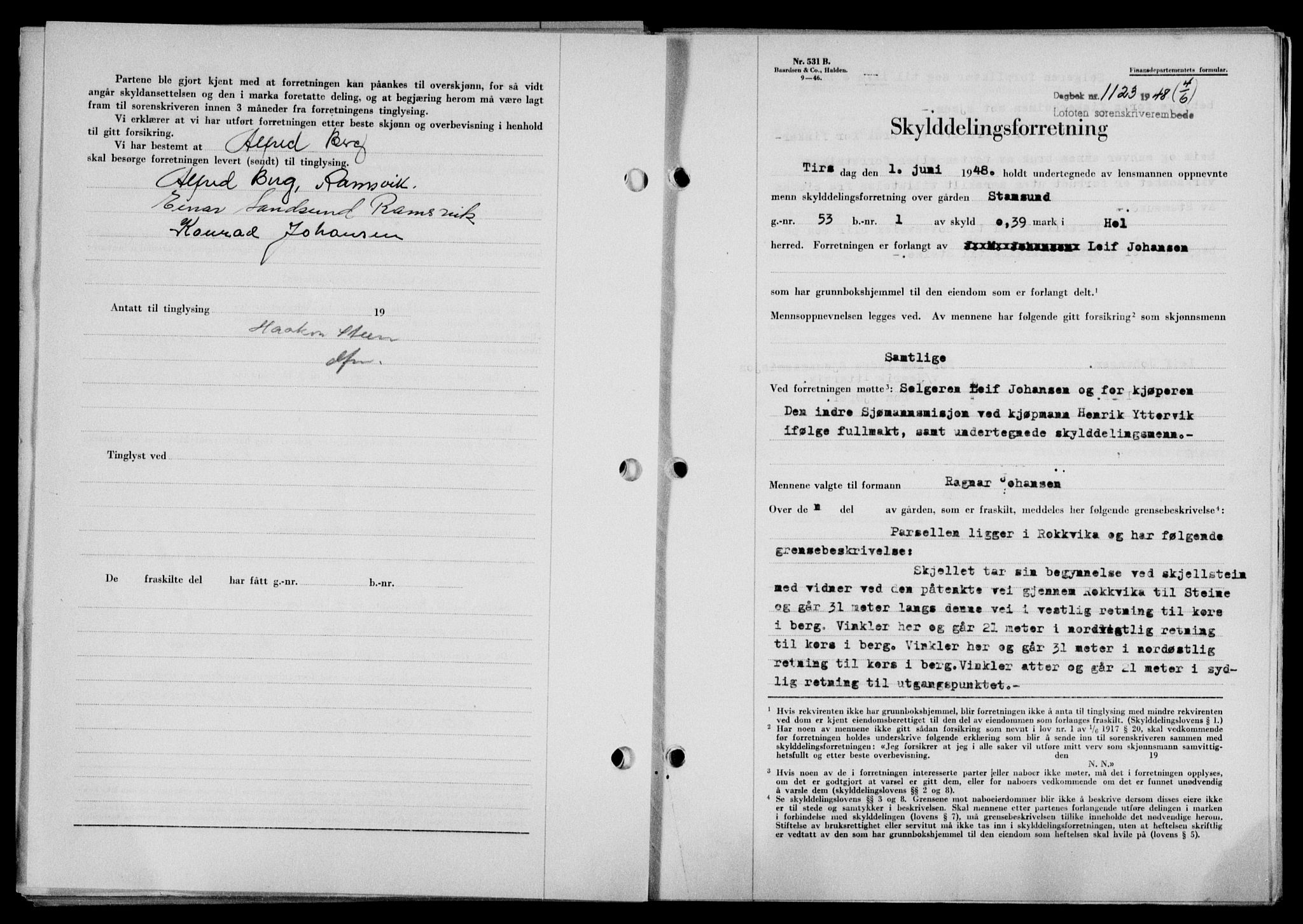 Lofoten sorenskriveri, SAT/A-0017/1/2/2C/L0018a: Mortgage book no. 18a, 1948-1948, Diary no: : 1123/1948