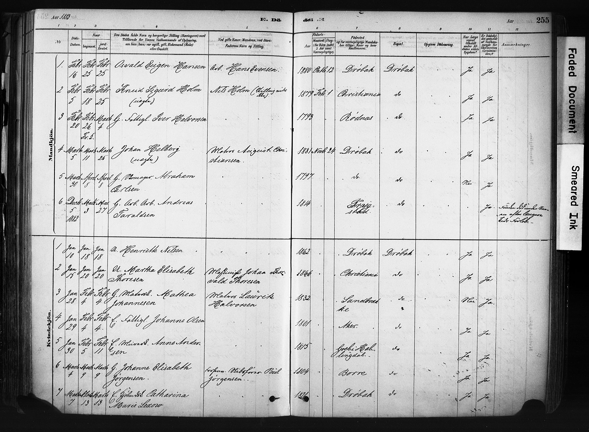 Drøbak prestekontor Kirkebøker, AV/SAO-A-10142a/F/Fb/L0001: Parish register (official) no. II 1, 1878-1891, p. 255