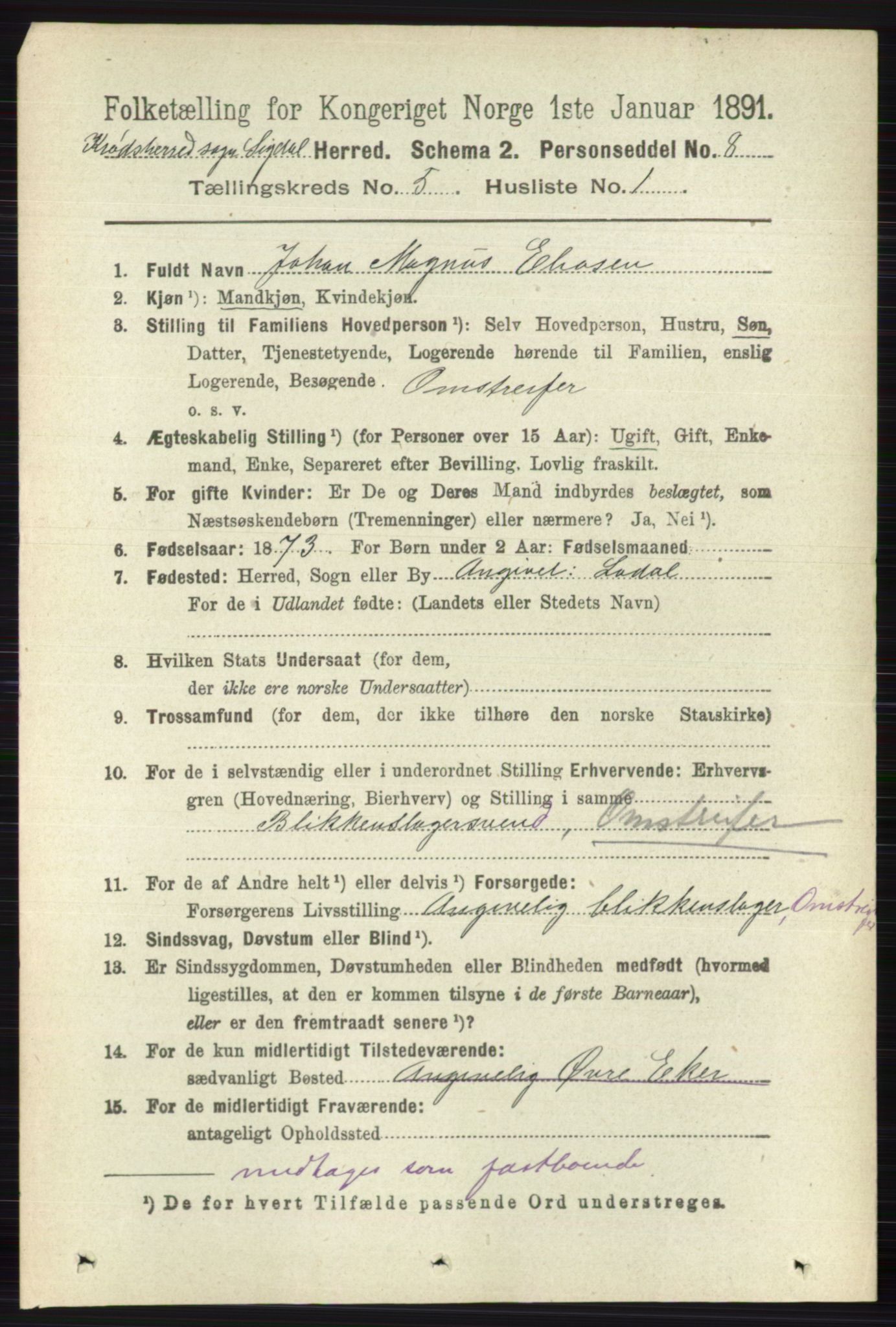 RA, 1891 census for 0621 Sigdal, 1891, p. 6325