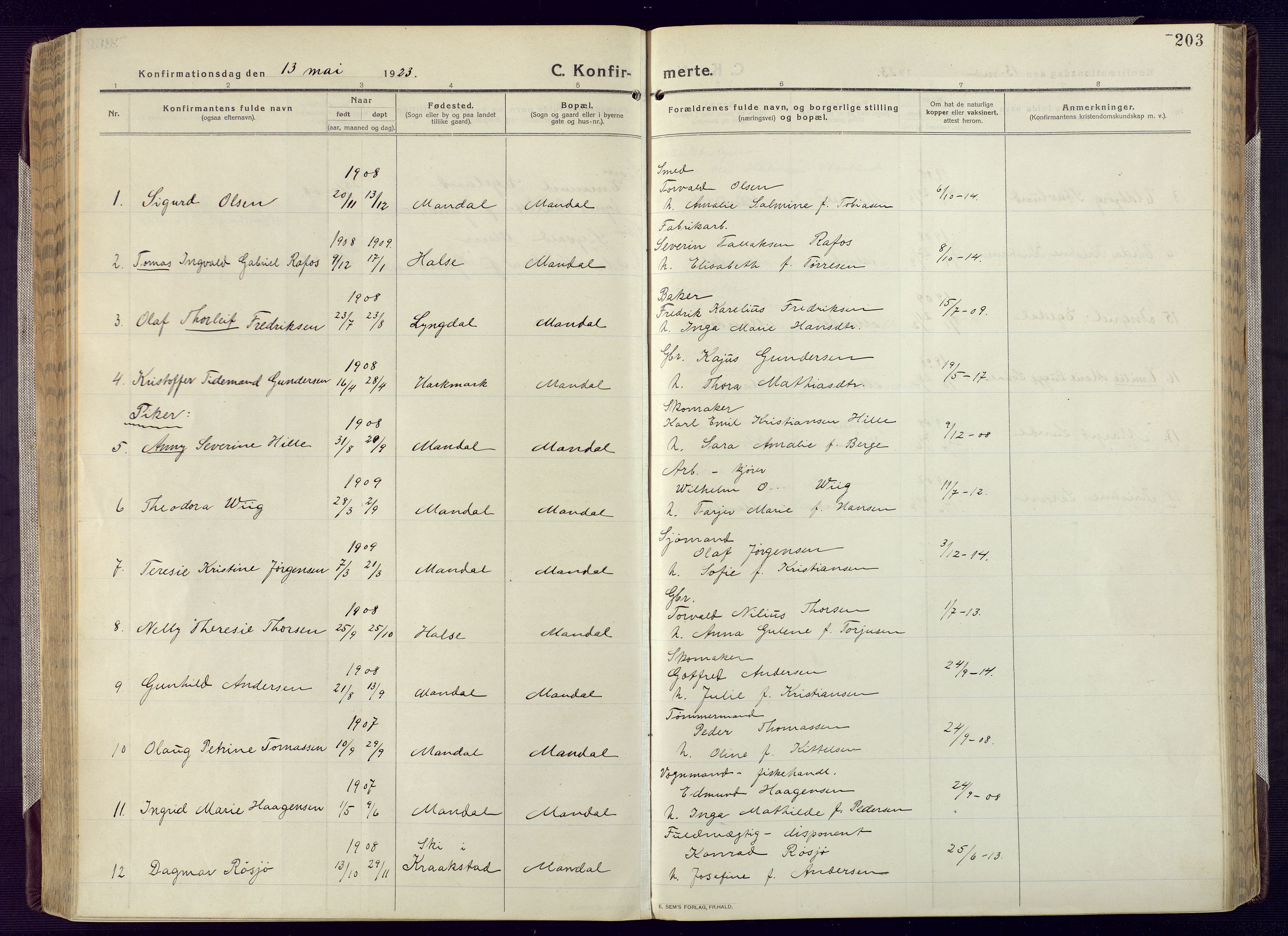 Mandal sokneprestkontor, SAK/1111-0030/F/Fa/Fac/L0001: Parish register (official) no. A 1, 1913-1925, p. 203