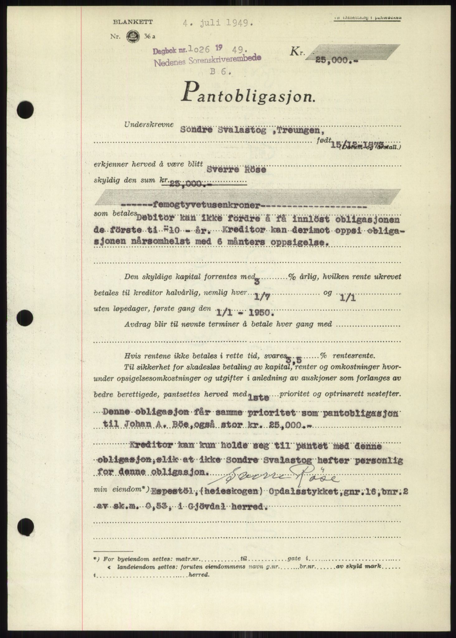 Nedenes sorenskriveri, SAK/1221-0006/G/Gb/Gbb/L0006: Mortgage book no. B6, 1948-1949, Diary no: : 1026/1949