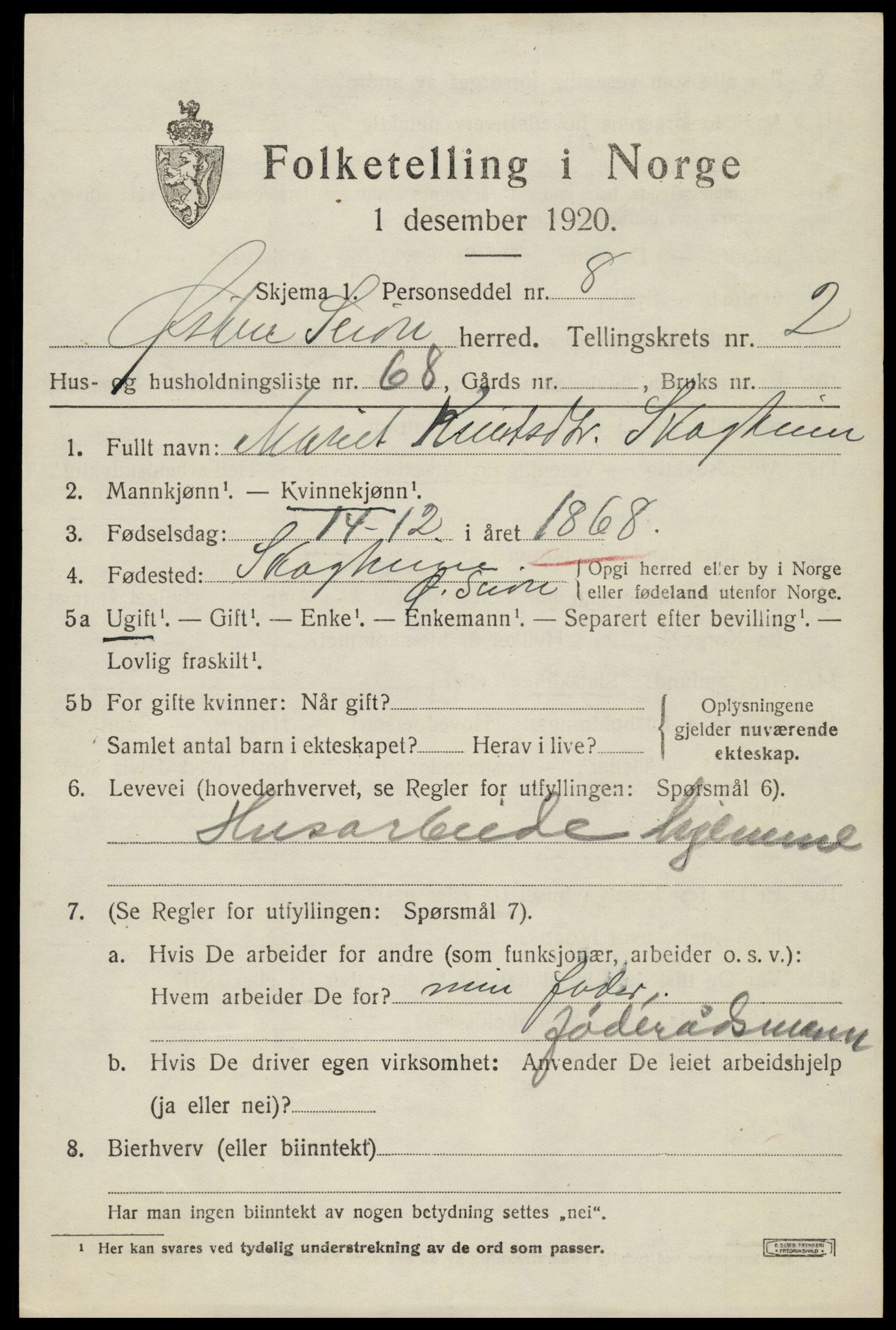 SAH, 1920 census for Øystre Slidre, 1920, p. 2169