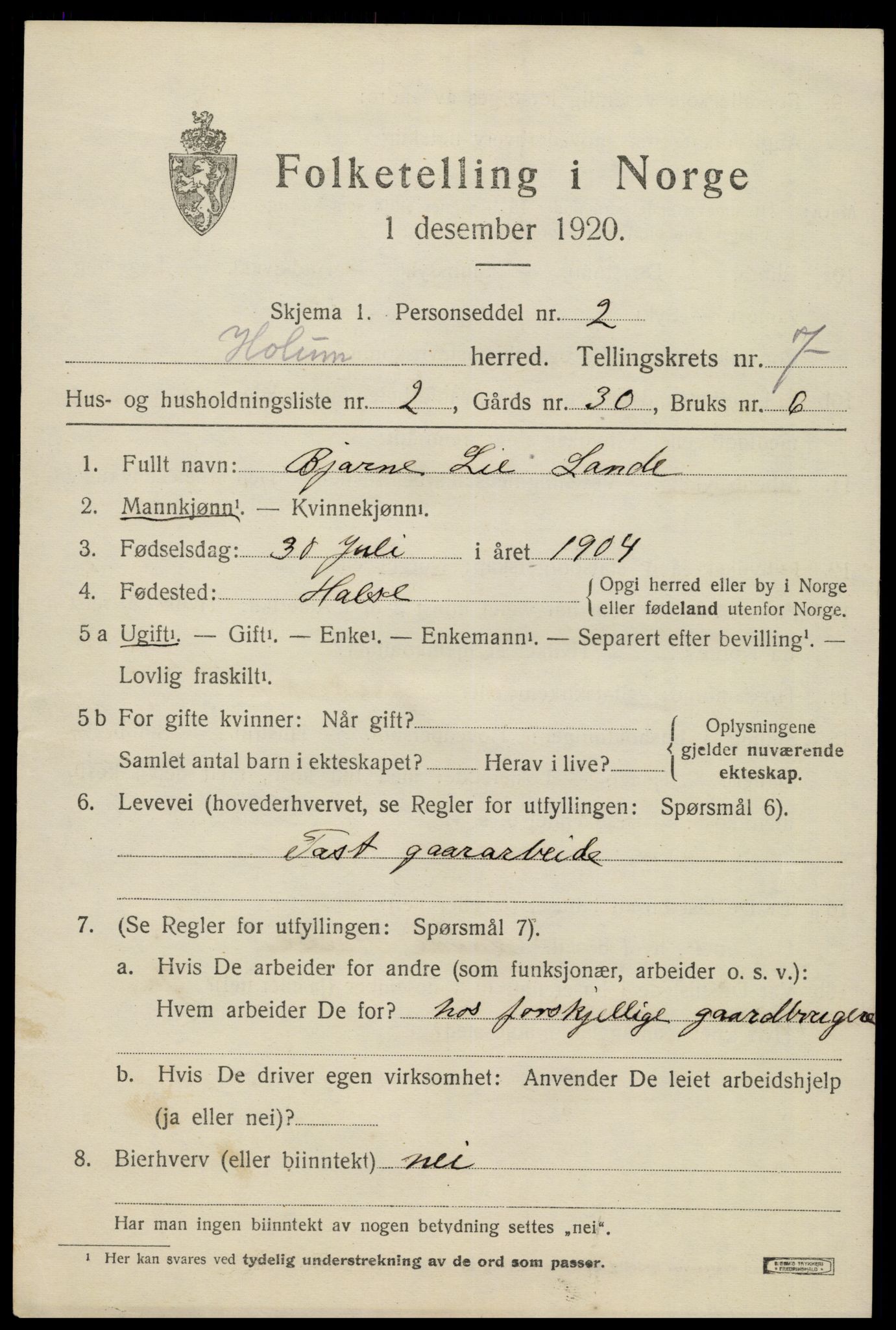 SAK, 1920 census for Holum, 1920, p. 2409