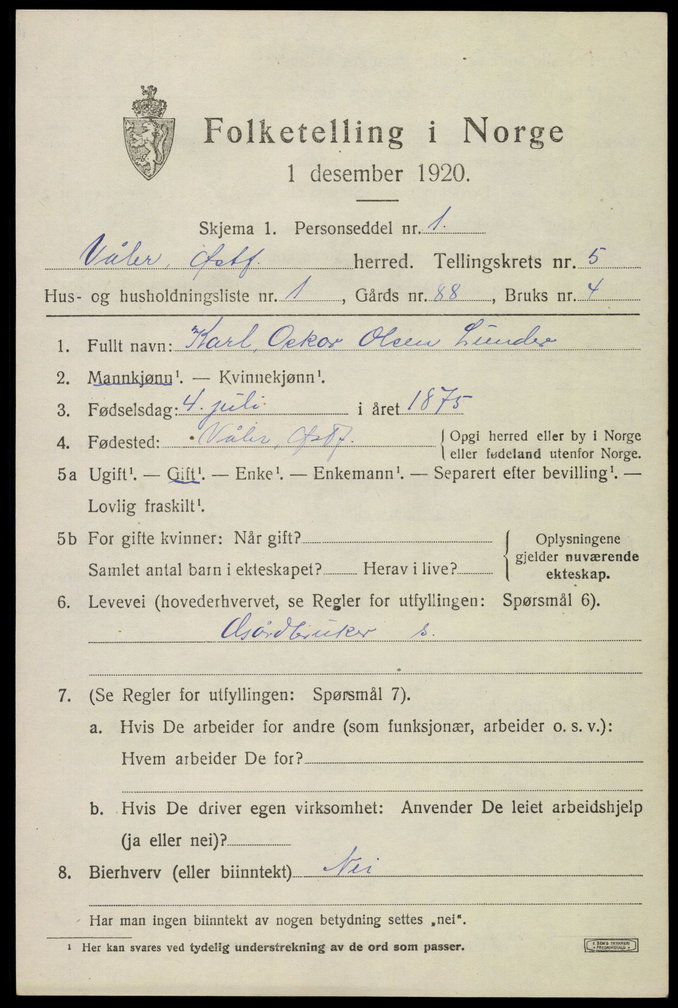 SAO, 1920 census for Våler, 1920, p. 2666