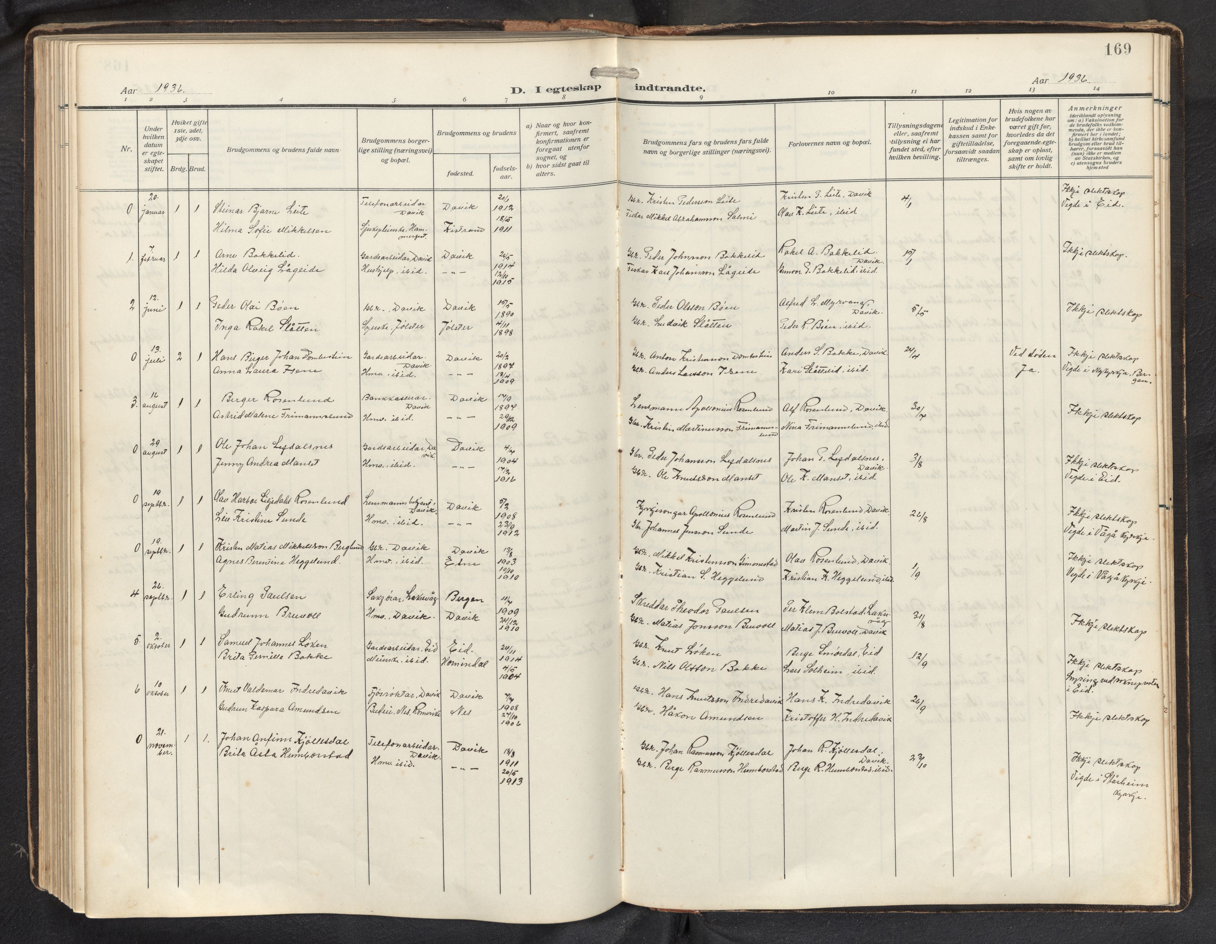 Davik sokneprestembete, AV/SAB-A-79701/H/Hab/Haba/L0003: Parish register (copy) no. A 3, 1912-1947, p. 168b-169a