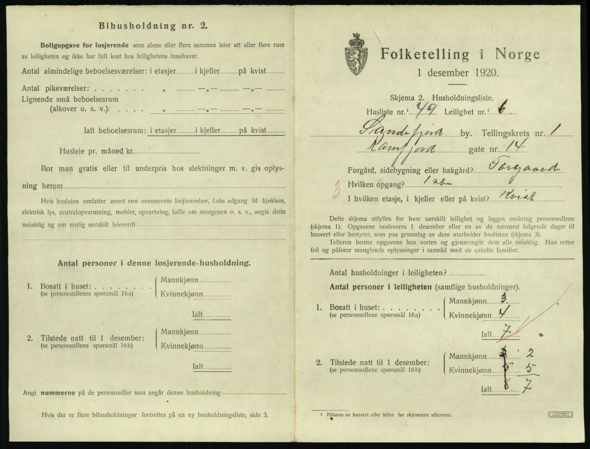 SAKO, 1920 census for Sandefjord, 1920, p. 1456