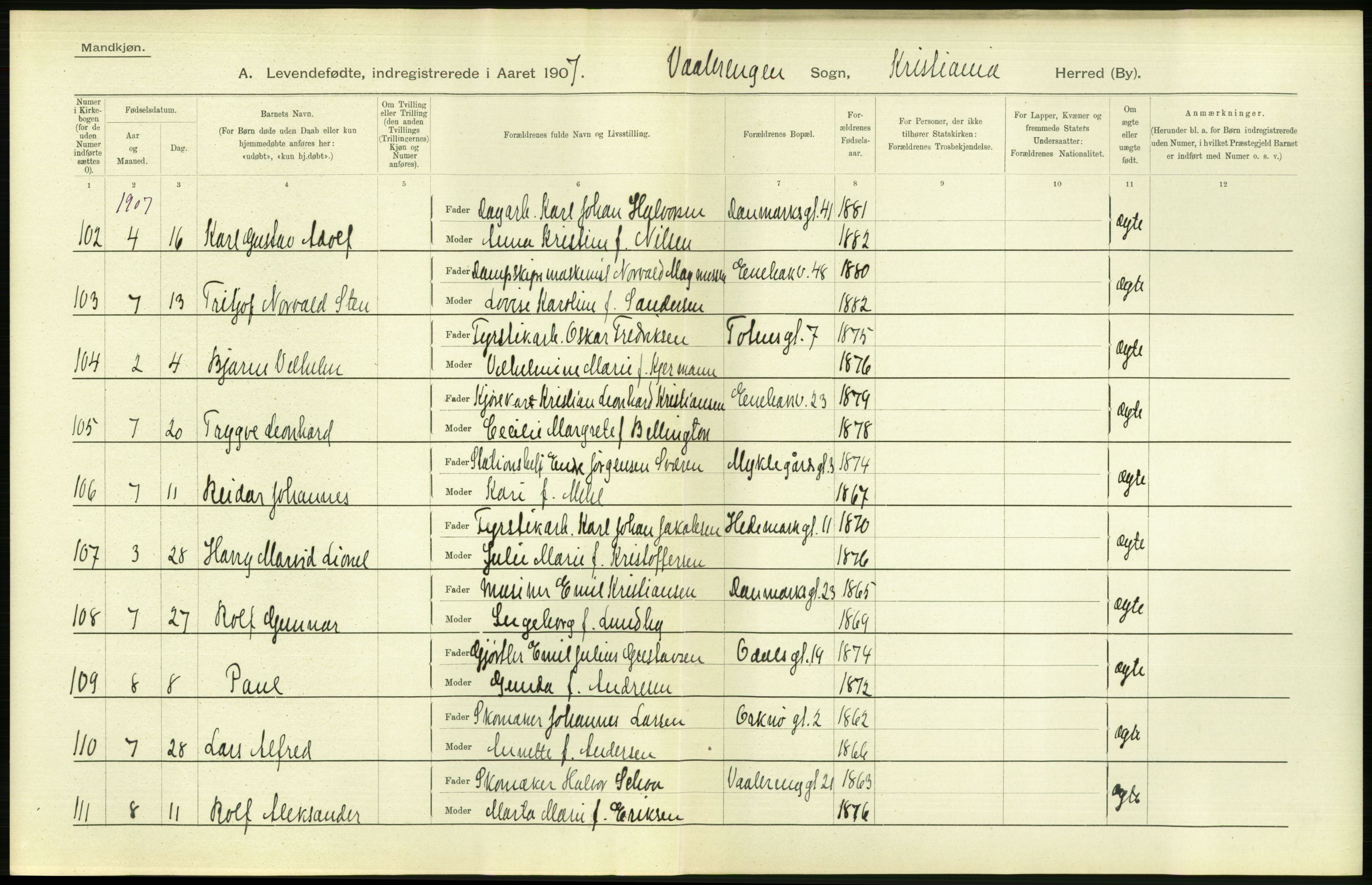 Statistisk sentralbyrå, Sosiodemografiske emner, Befolkning, AV/RA-S-2228/D/Df/Dfa/Dfae/L0007: Kristiania: Levendefødte menn og kvinner., 1907, p. 592