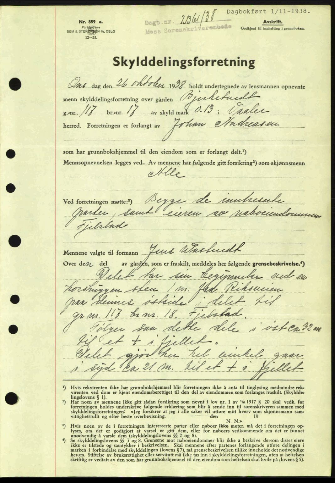 Moss sorenskriveri, SAO/A-10168: Mortgage book no. A5, 1938-1939, Diary no: : 2361/1938