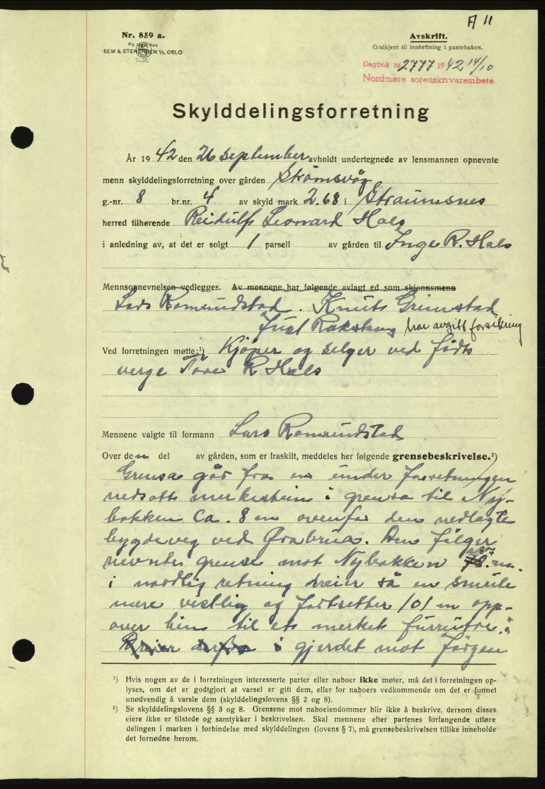 Nordmøre sorenskriveri, AV/SAT-A-4132/1/2/2Ca: Mortgage book no. A94, 1942-1943, Diary no: : 2777/1942