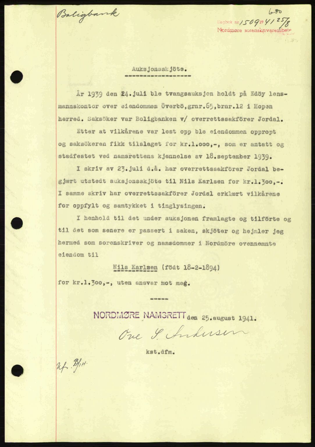Nordmøre sorenskriveri, SAT/A-4132/1/2/2Ca: Mortgage book no. A90, 1941-1941, Diary no: : 1509/1941
