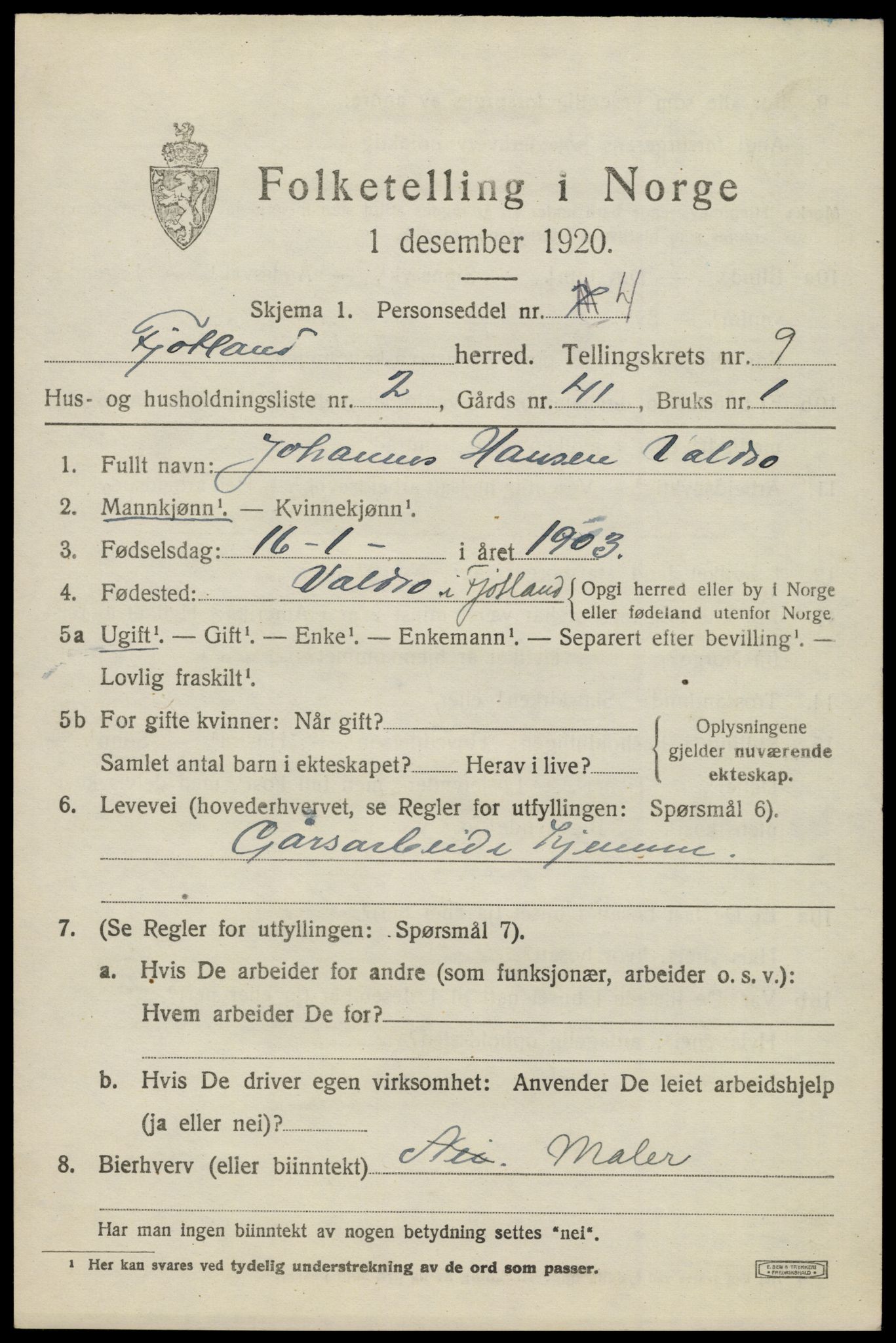 SAK, 1920 census for Fjotland, 1920, p. 2238