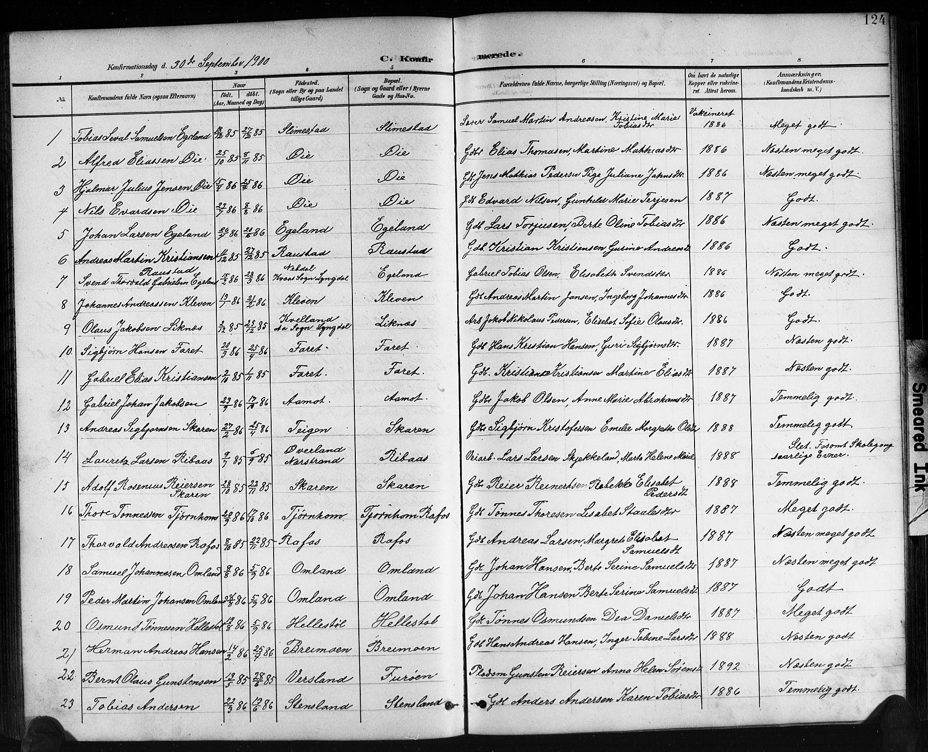 Kvinesdal sokneprestkontor, SAK/1111-0026/F/Fb/Fbb/L0003: Parish register (copy) no. B 3, 1898-1916, p. 124